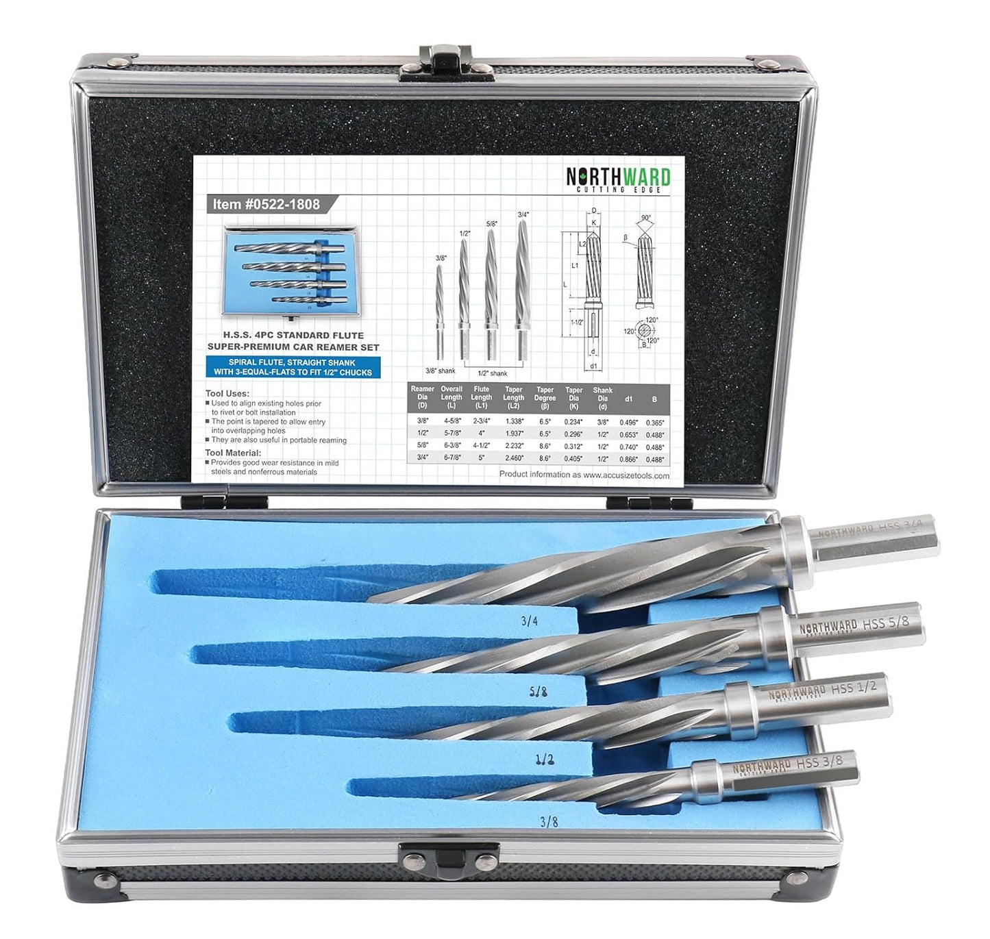 Accusize Industrial Tools 5 Pc H.S.S. Standard Spiral Flute Super Premium Car Reamer Set, 3/8", 1/2", 9/16'', 5/8", 3/4", to Fit 3/8'' or 1/2'' Shank Chuck