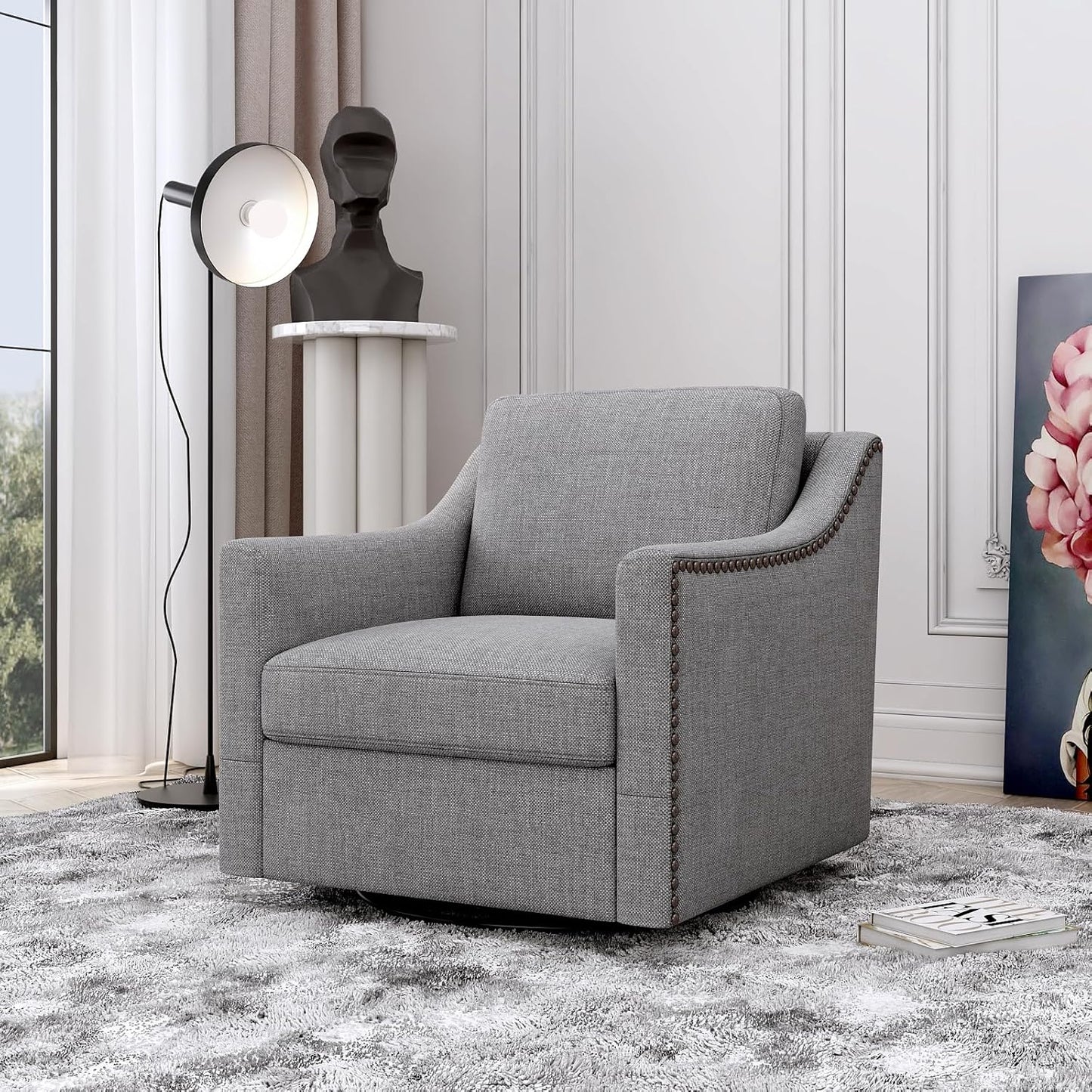 Swivel Barrel Chair Set of 2, Oversized Swivel Accent Chair with Comfy Back Pillow, Modern Upholstered Reading Lounge Chairs for Living Room Bedroom Office Club, Light Grey Linen