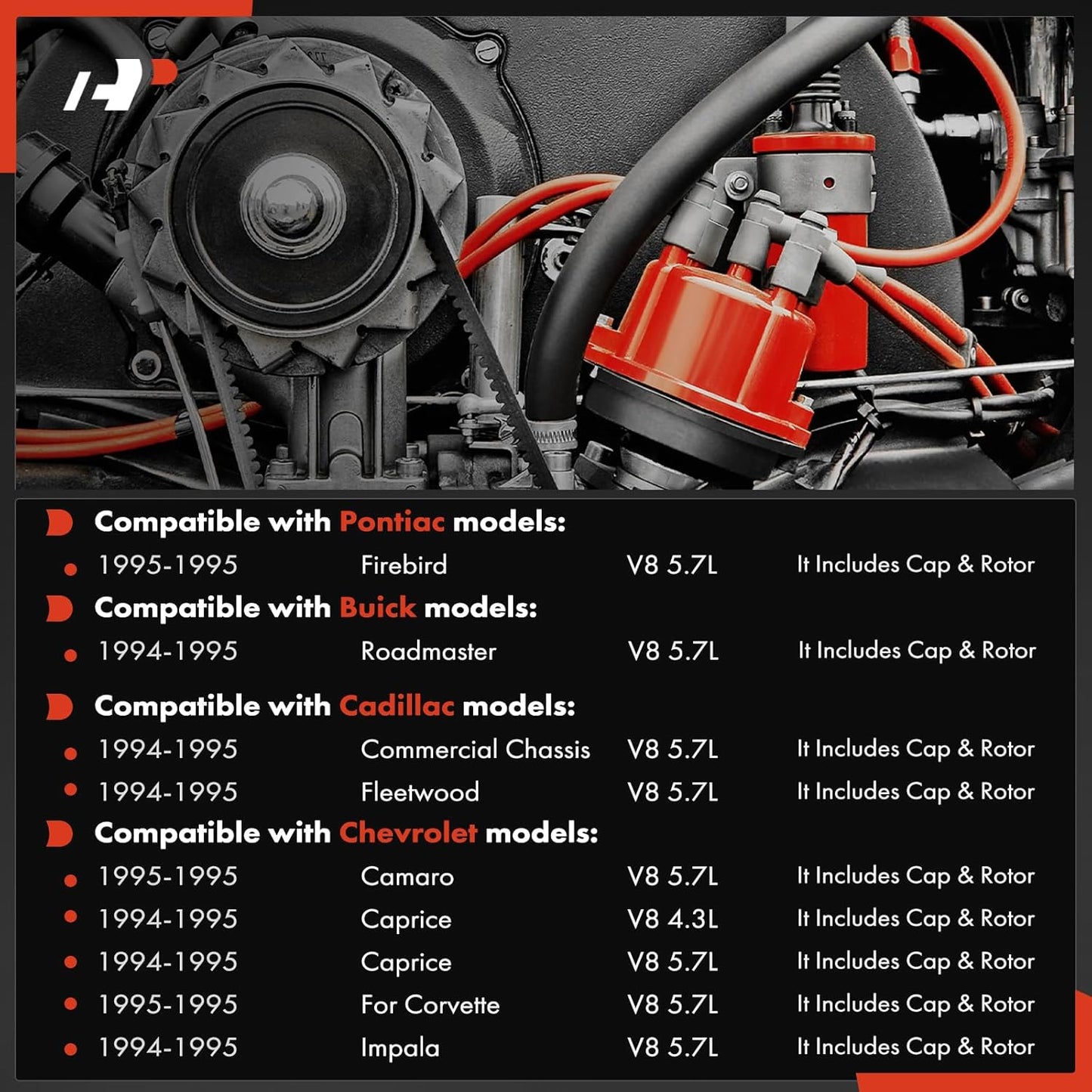 A-Premium Distributor with Cap and Rotor Compatible with Chevrolet, Buick, Cadillac & Pontiac Vehicles - Impala, Camaro, Corvette, Caprice, Firebird, Fleetwood, Roadmaster, V8 4.3L 5.7L, 1994-1995