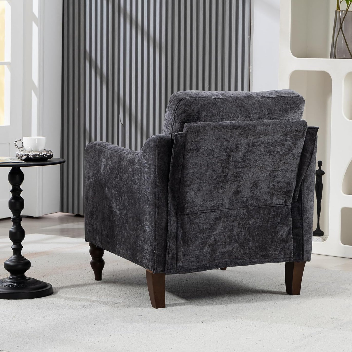 Ball & Cast Mid-Century Accent Chair for Living Room,Reading Chair for Bedroom with USB Ports&Side Pocket,Modern Accent Arm Chair W/Wide Backrest&Retro Wood Legs,Chenille Upholstered Comfy Chair,Gray