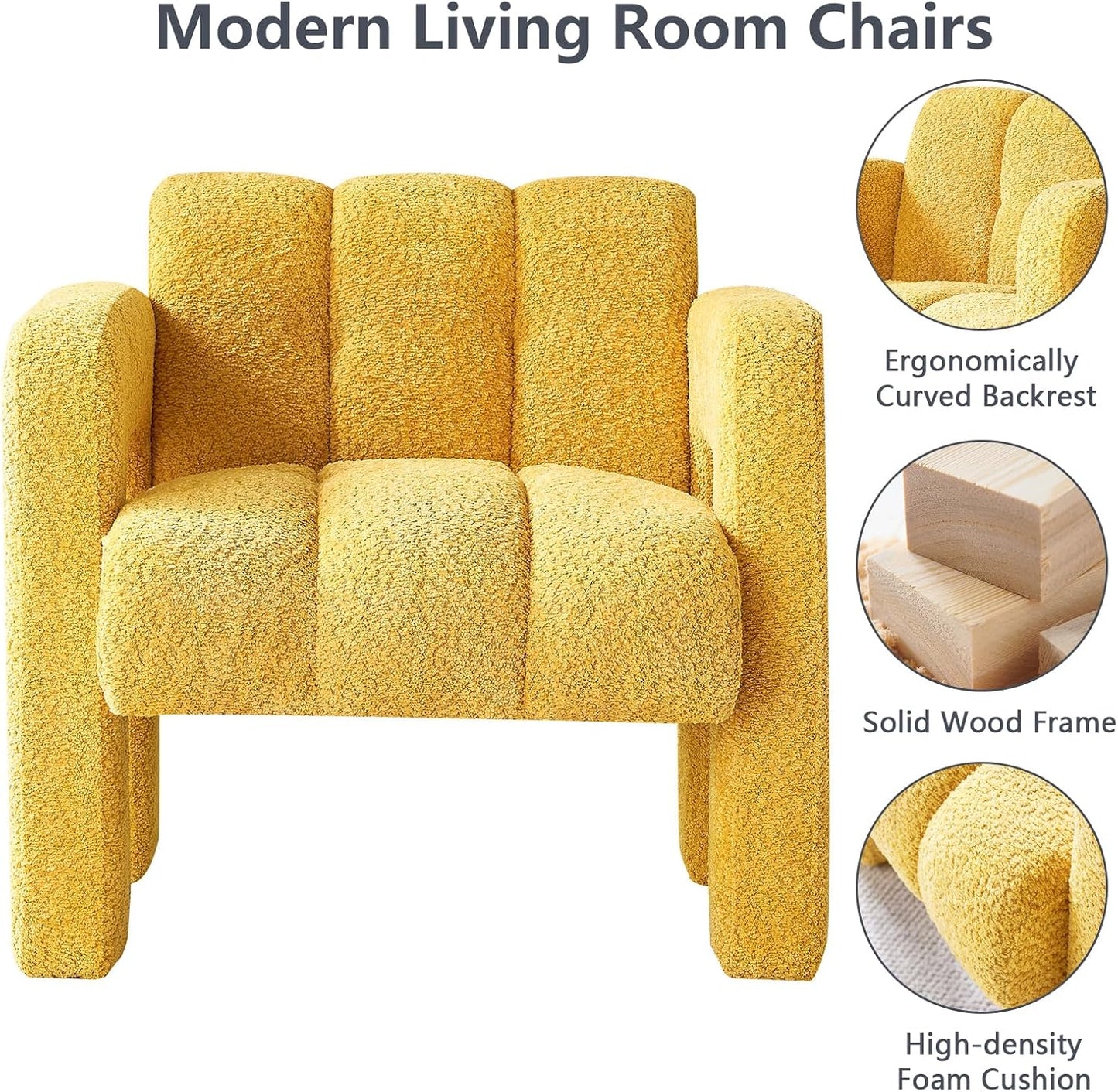 31" Boucle Accent Chair, Contemporary Designed Armchair,Upholstered Vanity Chair, Leisure Lounge Chair Reading Side Chairs for Living Room, Bedrooms, Office, Yellow