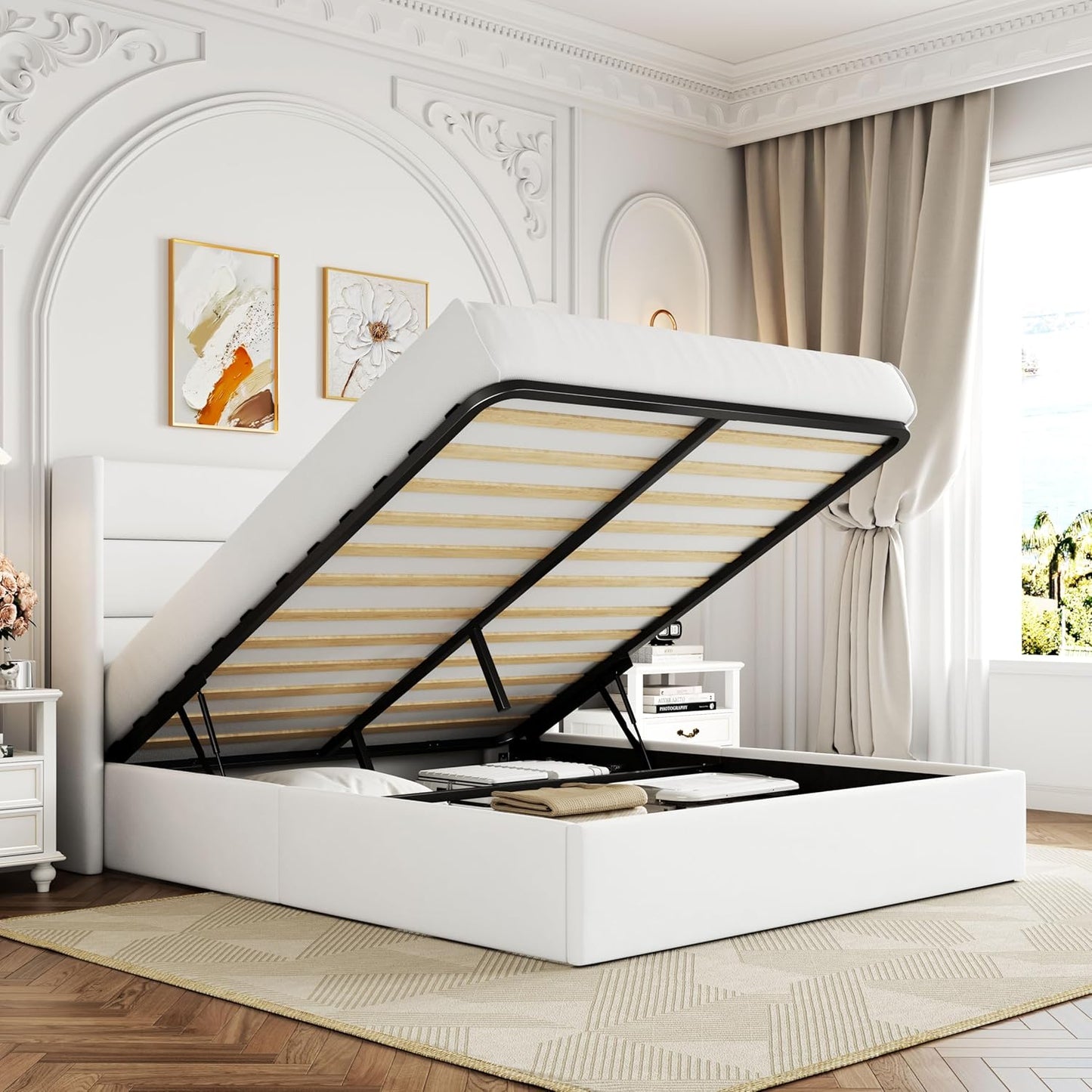Allewie King Size Lift Up Storage Bed, Modern Wingback Headboard, Hydraulic Support, No Box Spring Needed, Light Beige