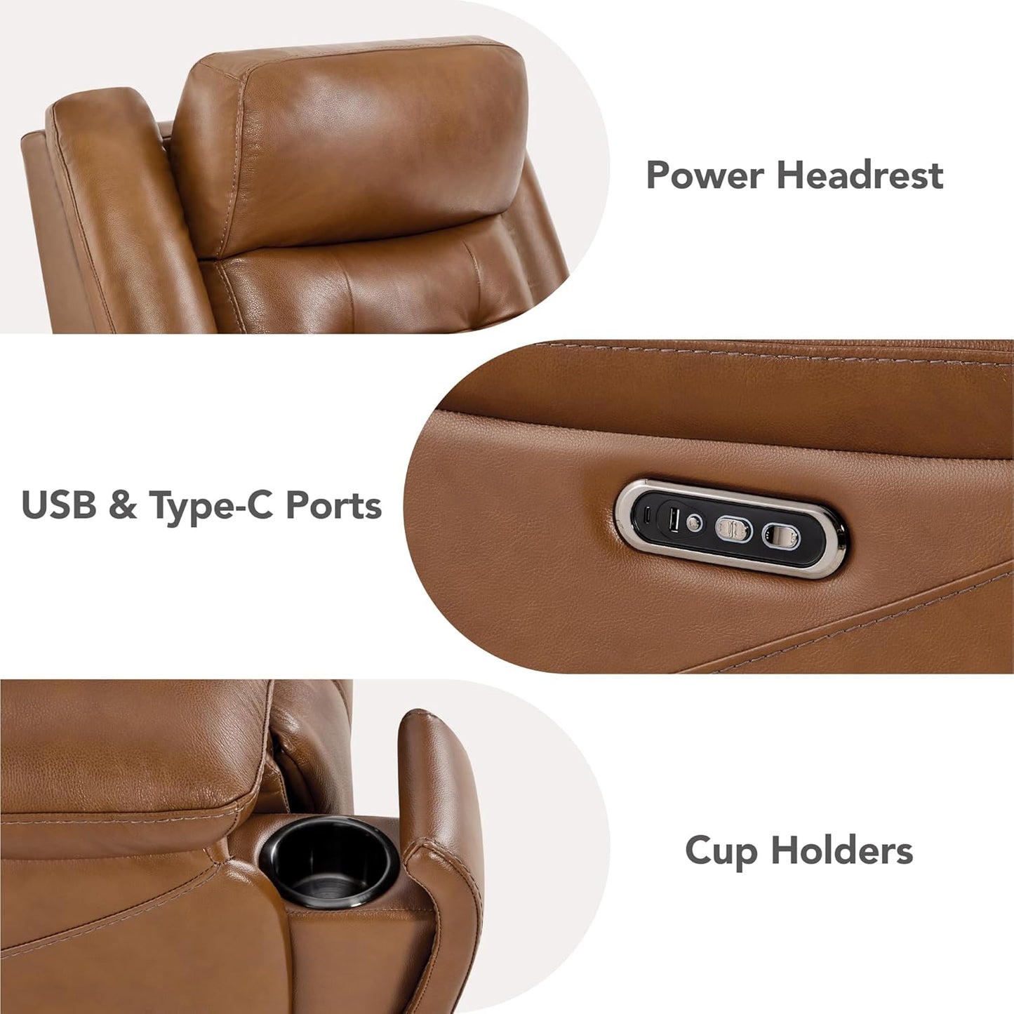 Watson & Whitely Genuine Leather Power Recliner Chair for Adults, Wall Hugger Recliner with Power Headrest, Cup Holders & Charging Ports, Electric Reclining Chairs for Living Room, RV, Saddle Brown