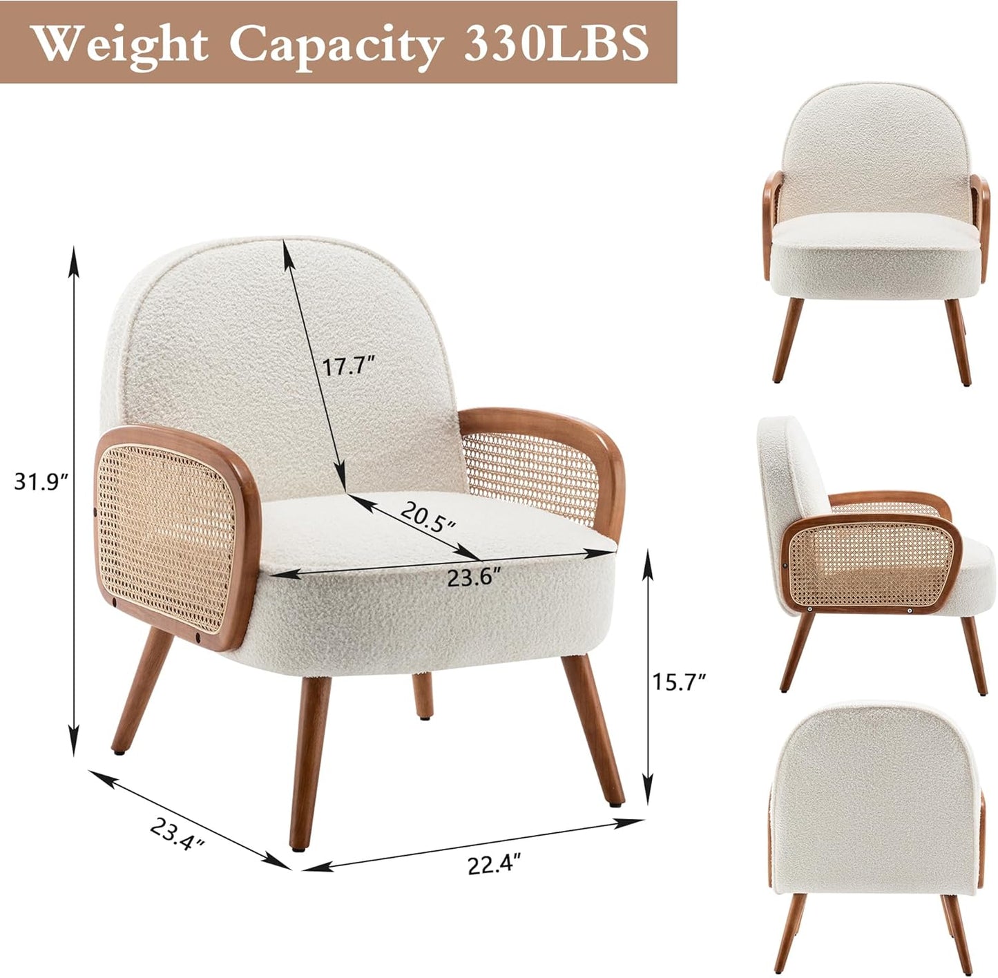 Aklaus Mid Century Modern Accent Chair Set of 2 Upholstered Rattan Arm Chairs Sherpa Teddy Fabric Reading Chairs for Living Room Bedroom Balcony Hobo Accent Chairs Side Chairs Club Chairs White