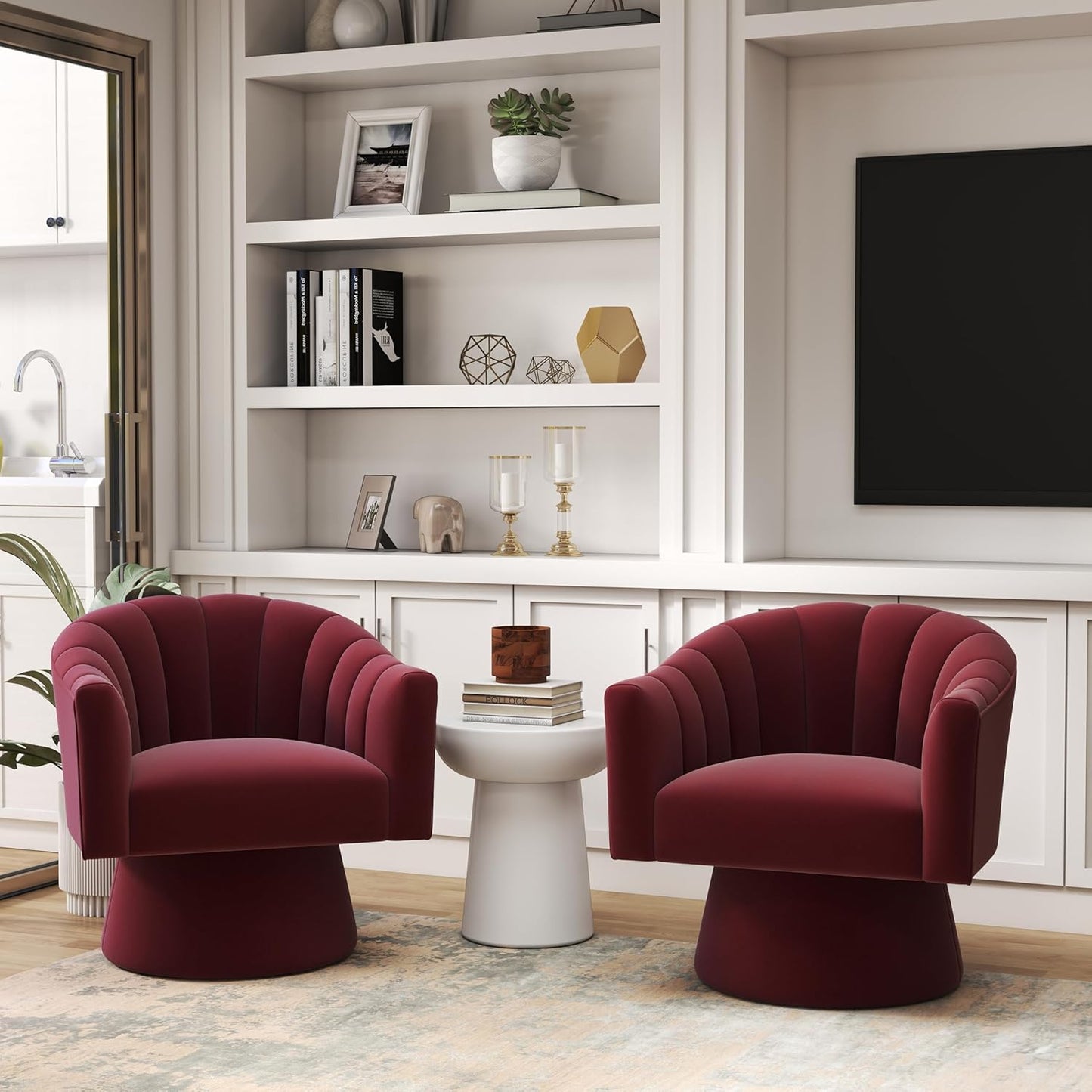 Swivel Accent Chair,Upholstered Velvet 360° Swivel Barrel Chair for Living Room Overstuffed Bouncle Reading Chair Round Armchair for Bedroom,Vanity,Office(Pink)