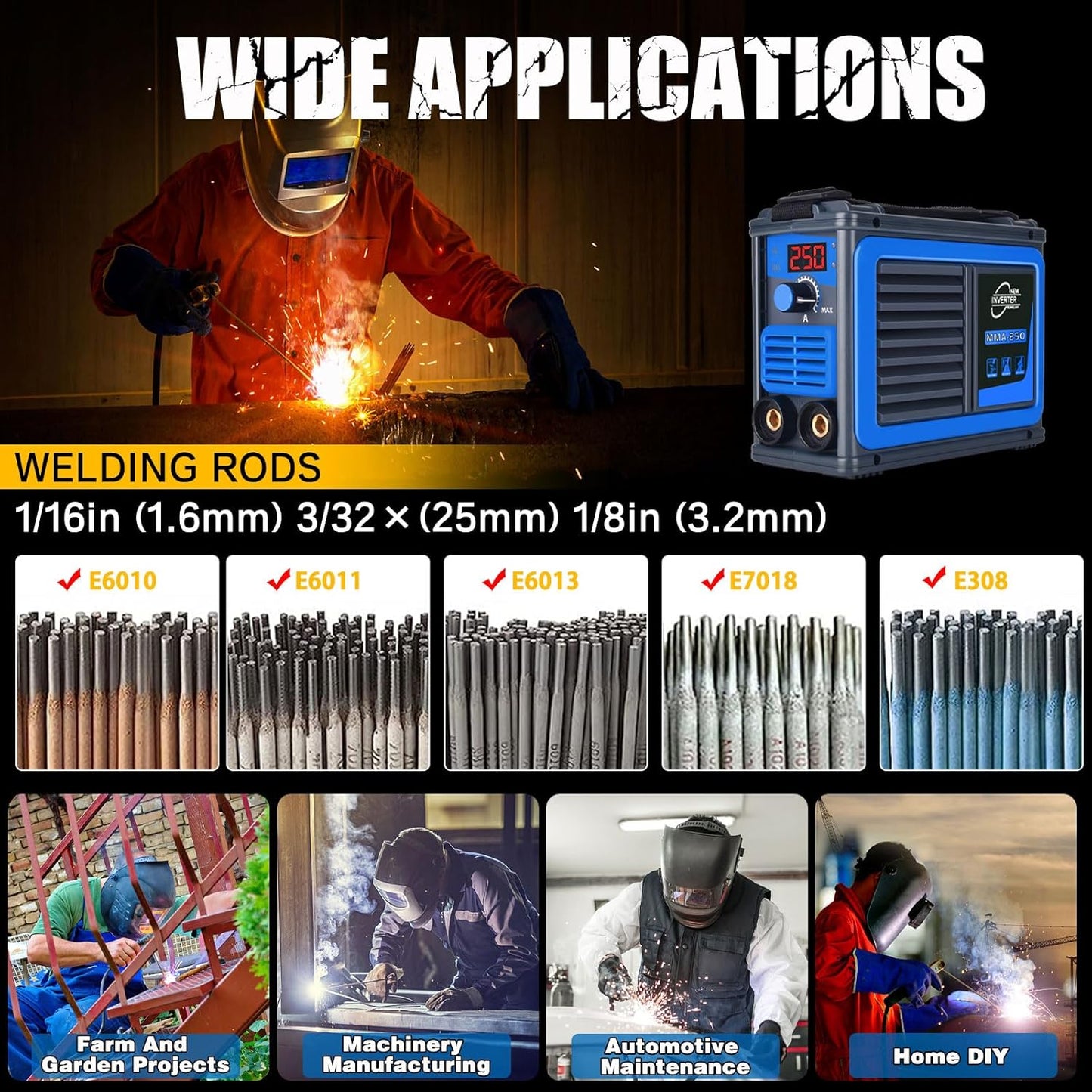 Stick Welder,Portable Welder Machine 110V IGBT Digital Display LCD Upgraded MMA-250A Welding Machine,Hot Start Arc Force Anti-stick Mini Welde (Blue)