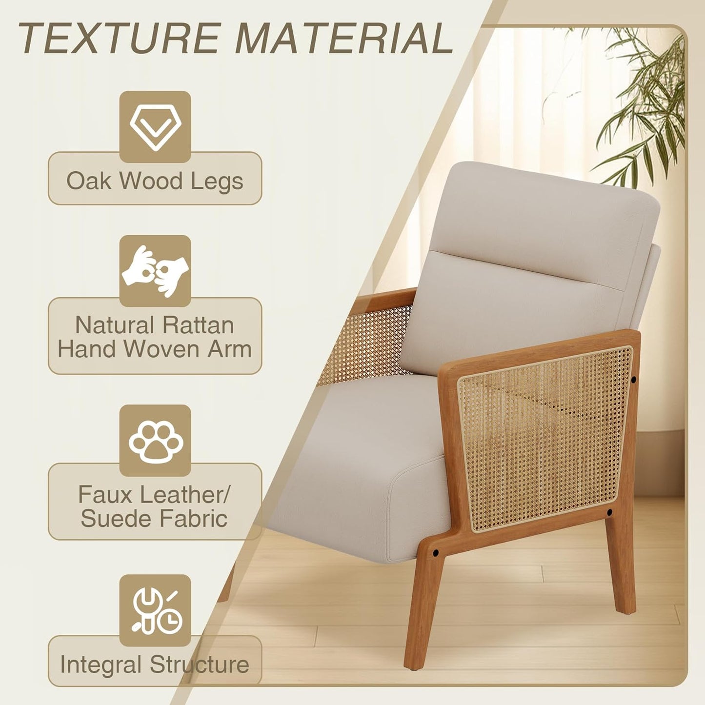 Yongchuang Beige Accent Chairs Set of 2 Upholstered Living Room Chairs with Natural Rattan Arm, Modern Faux Leather Arm Chairs for Bedroom Club Reception