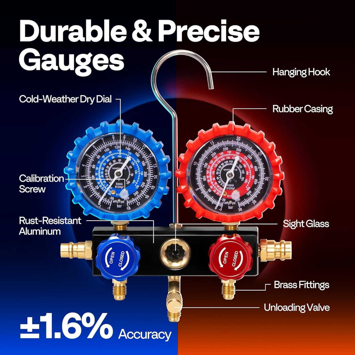 VIVOHOME HVAC Manifold Gauge Set with R134a R1234yf Quick Couplers and Can Taps, Automotive AC Gauges with 3 Hoses for Car Freon Charging and Evacuation