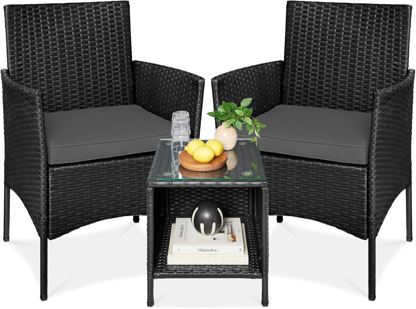 Best Choice Products 3-Piece Outdoor Wicker Conversation Bistro Set, Space Saving Patio Furniture for Garden w/Side Table - Gray/Navy