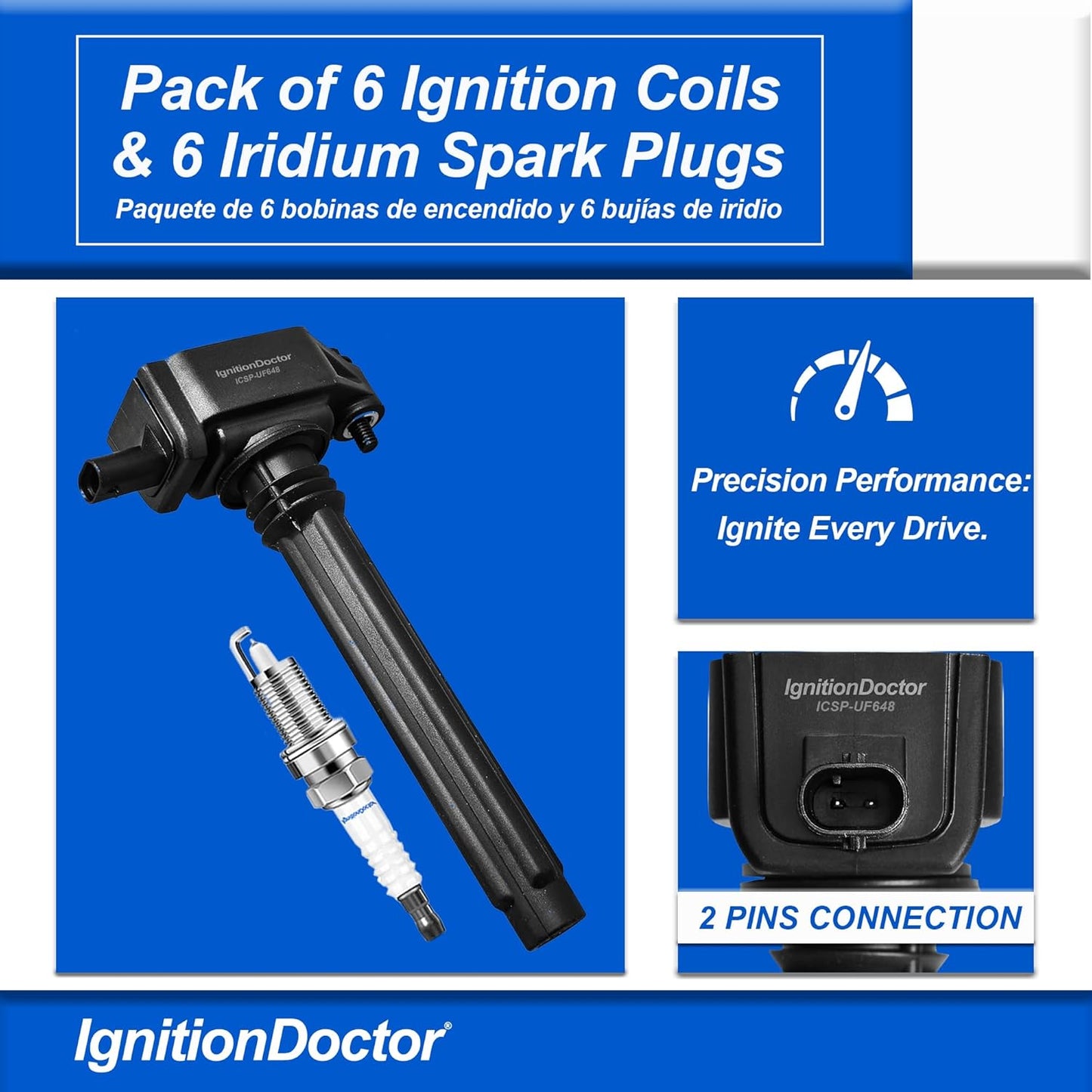 Set of 6 Iridium Spark Plug Ignition Coil Compatible with Avenger Grand Caravan Dodge Journey Jeep Wrangler Chrysler 200 300 Town & Country RAM 1500 2500 3500 Durango 3.6L V6 UF648 9407