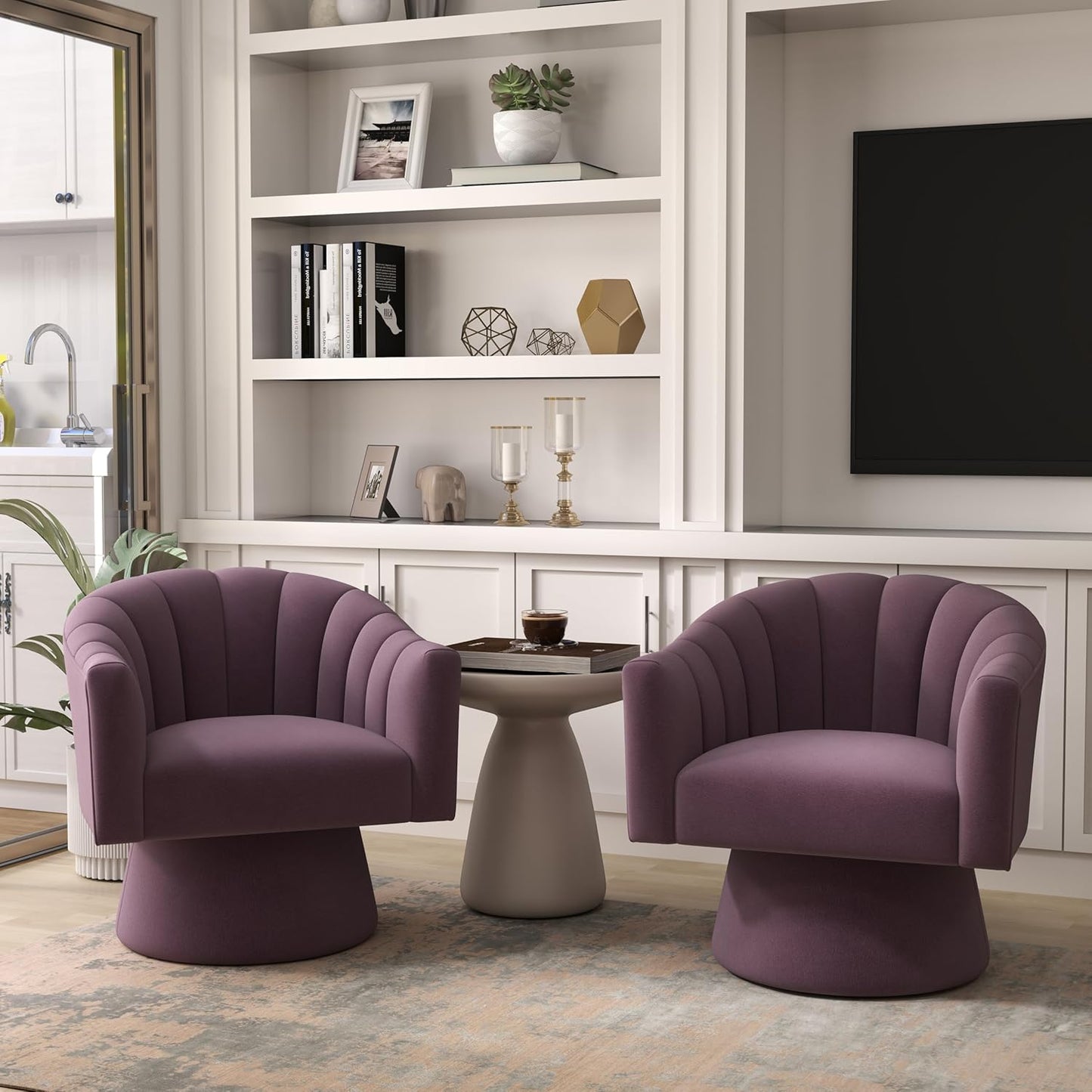 Swivel Accent Chair,Upholstered Velvet 360° Swivel Barrel Chair for Living Room Overstuffed Bouncle Reading Chair Round Armchair for Bedroom,Vanity,Office(Pink)