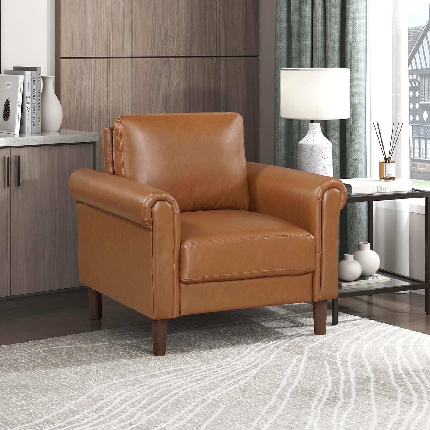Lexicon 35" W Living Room Accent Chair, Faux Leather Upholstered Armchair with Rolled Arm for Bedroom/Office/Waiting Room, Single Sofa Chair, Chocolate