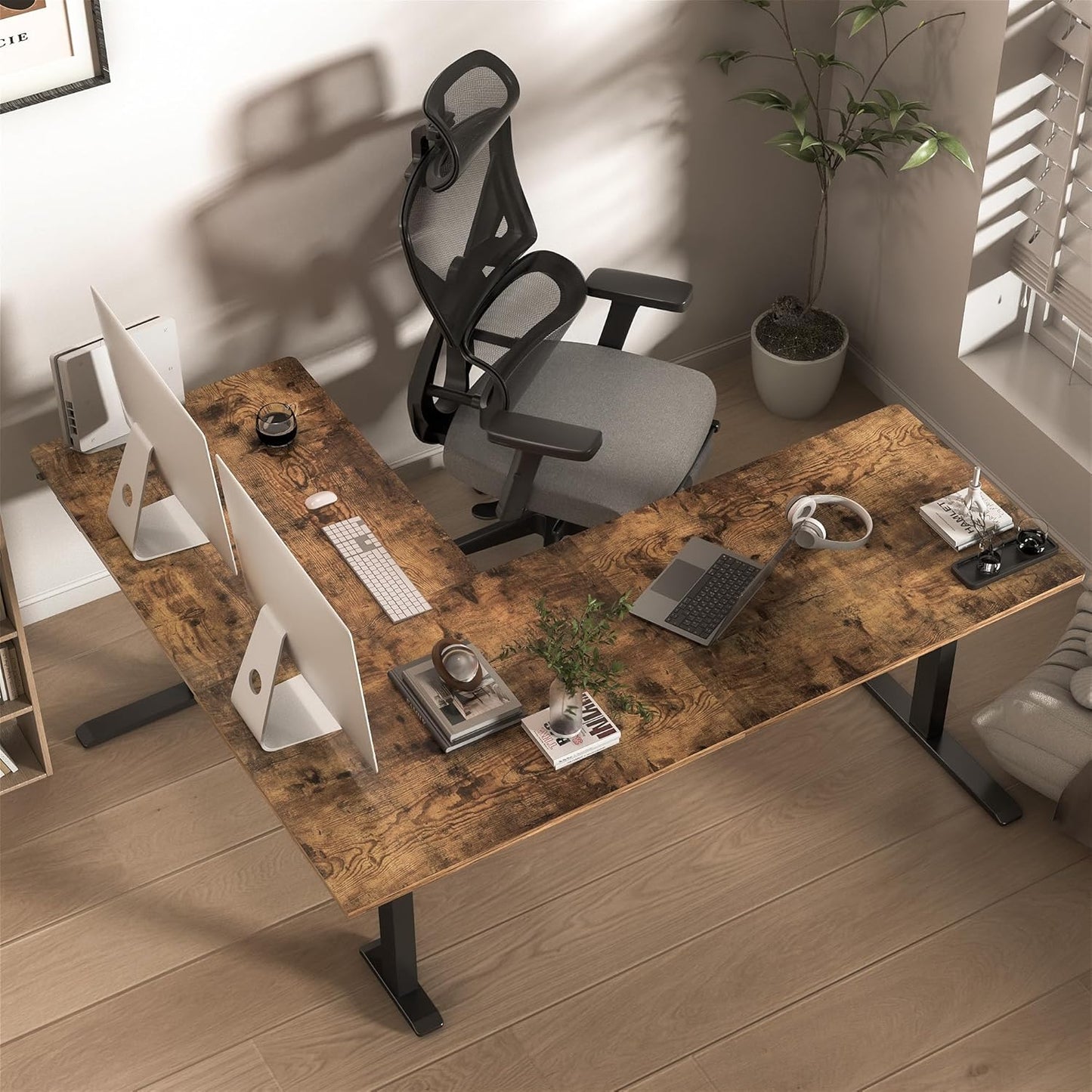 TIQLAB 63 x 55 inch L Shaped Standing Desk Adjustable Height, Electric Corner Standing Desk, Sit Stand Computer Table with Splice Board, Rustic Brown