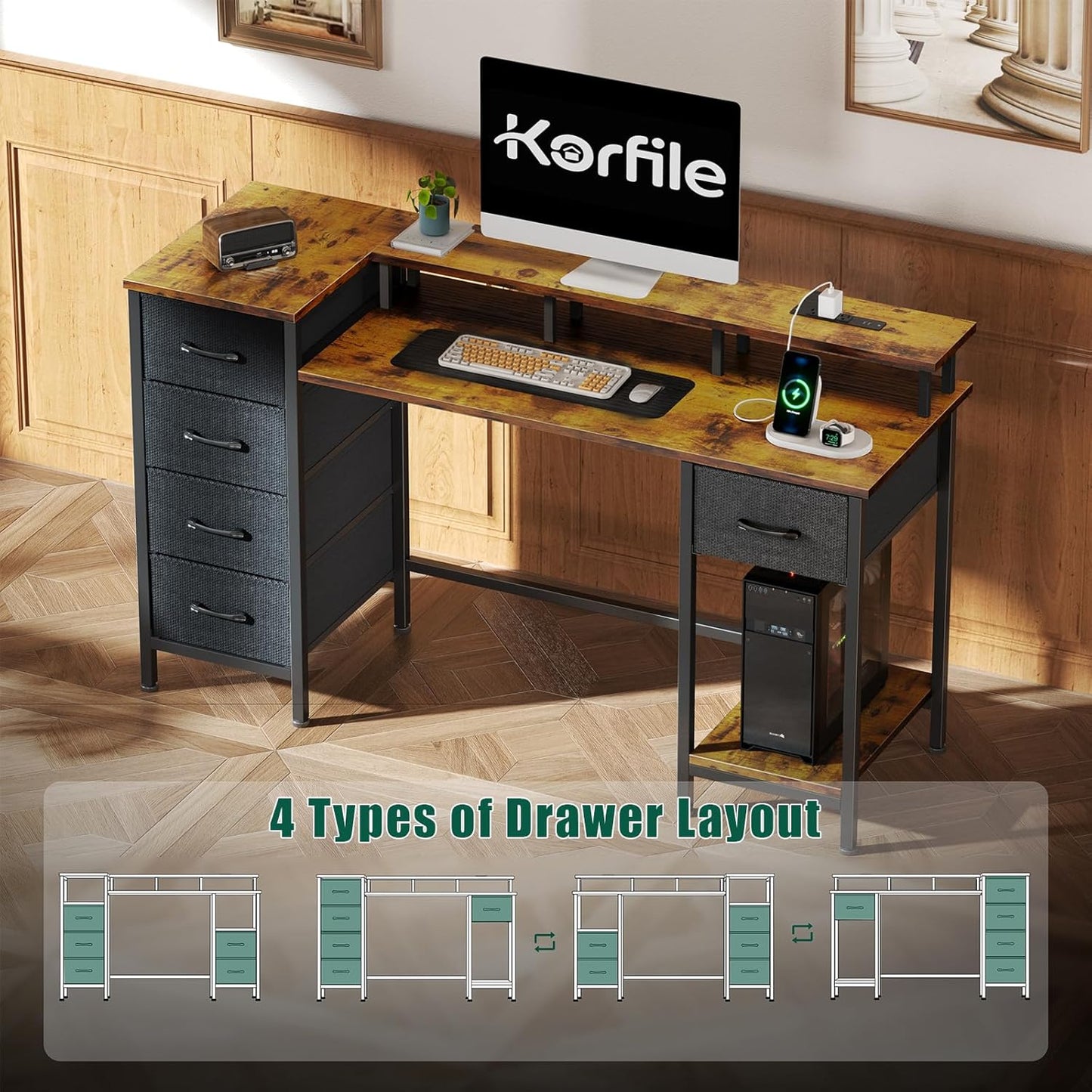 47 Inch Computer Desk with Monitor Stand and Shelf, Rustic Brown