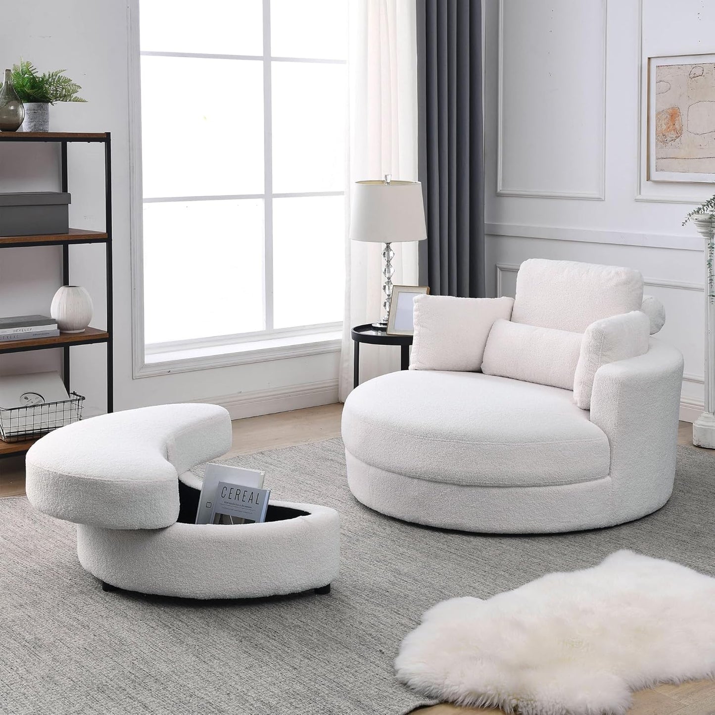 42IN Oversized Swivel Accent Chair and a Half Sofa Upholstered Big Round Barrel Chair Cute for Living Room Bedroom Hotel Office Corner Reading (Beige Boucle)