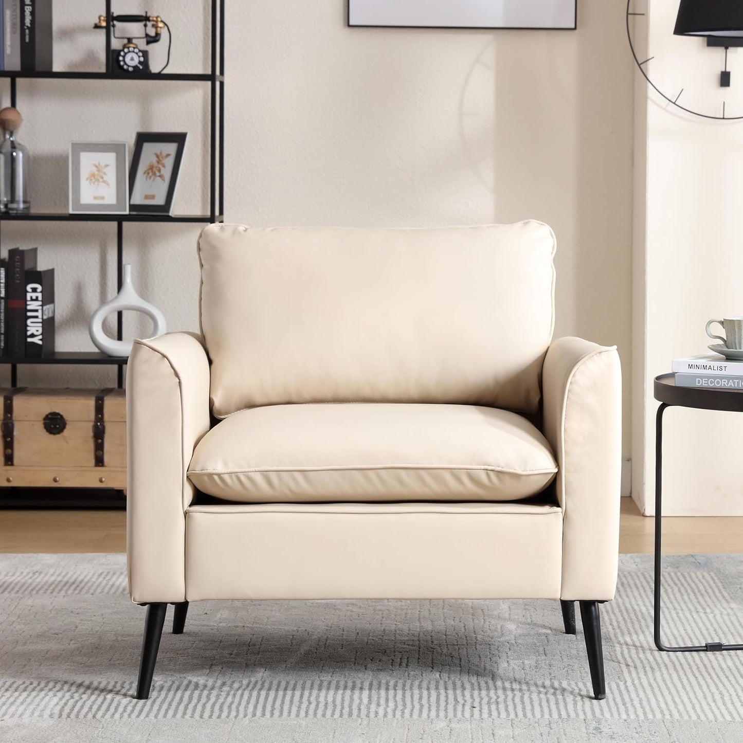 Beige Leather Accent Chairs Set of 2, Mid-Century Modern Accent Arm Chair with Black Metal Legs, Comfy Upholstered Reading Sofa Chair Reception Chairs for Living Room Bedroom Office