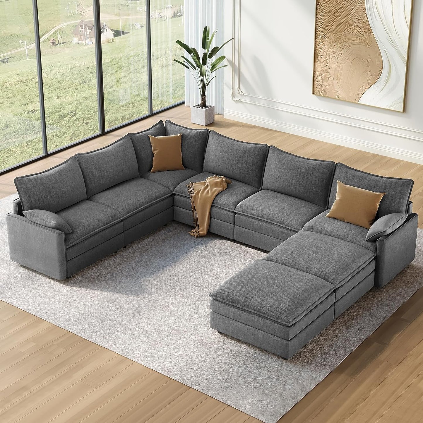 Vesgantti 108" Modular Sectional Sofa, Comfy Cloud Couch with Movable Ottoman Deep Seat Chenille L Shaped Modular Sofa, Sectional Couches for Living Room, Bedroom and Apartment, Beige