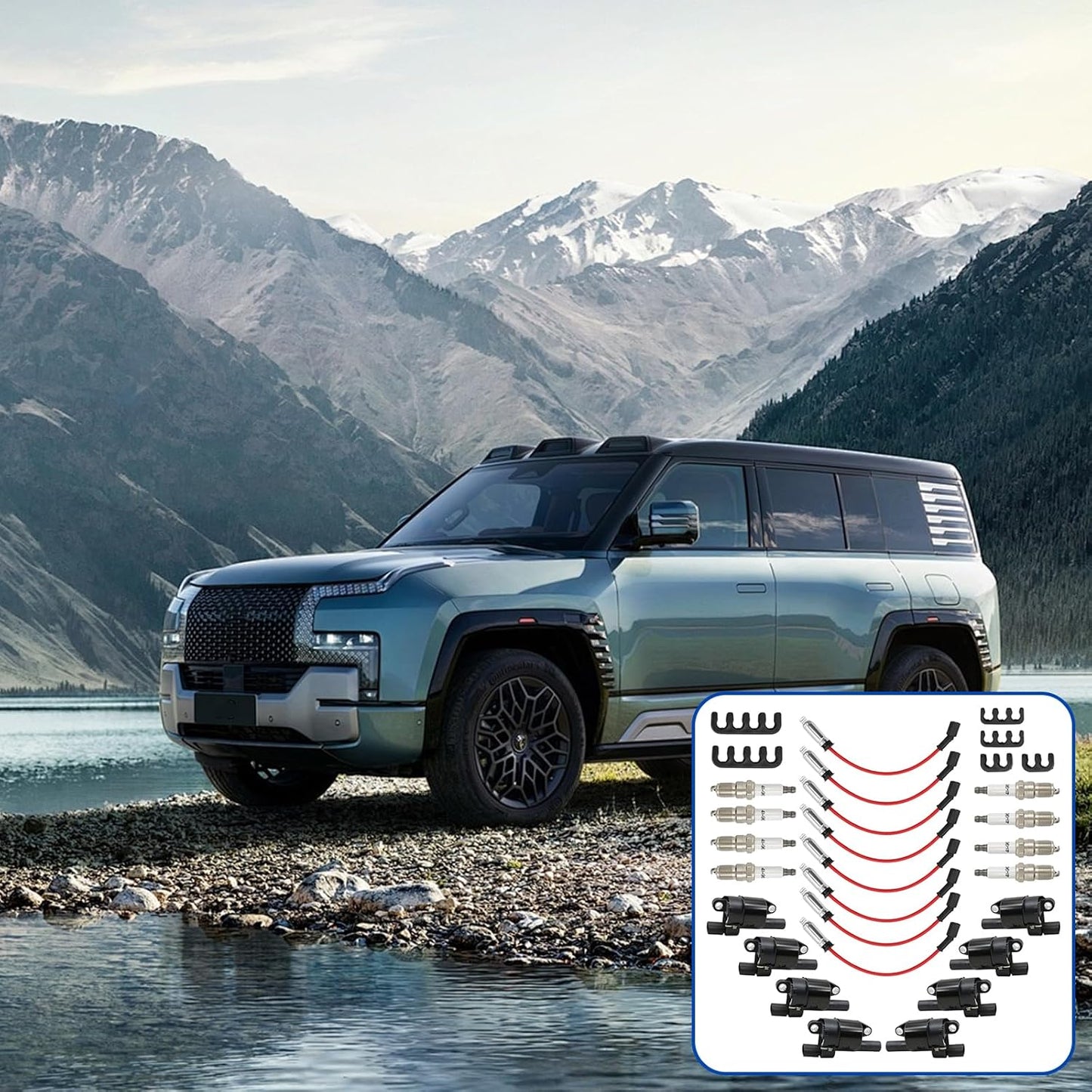 Set of 8 UF414 Round Ignition Coil Set with 41-962 Spark Plugs & 12192192 748UU Spark Plug Wires Set, Compatible with Chevrolet Chevy GMC 1500 2500 3500 4.8L 5.3L 6.0L, Replace C1512 D514A E894 IC534