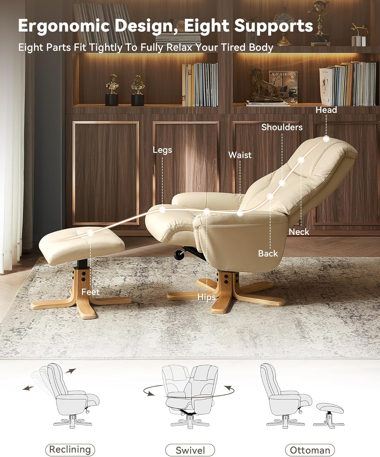 BedsPick Recliner Chair with Ottoman, 360° Swivel Reclining for Living Room Bedroom Office Rv Small Space, Comfy Modern Accent Arm Chairs, Faux Leather (Beige)