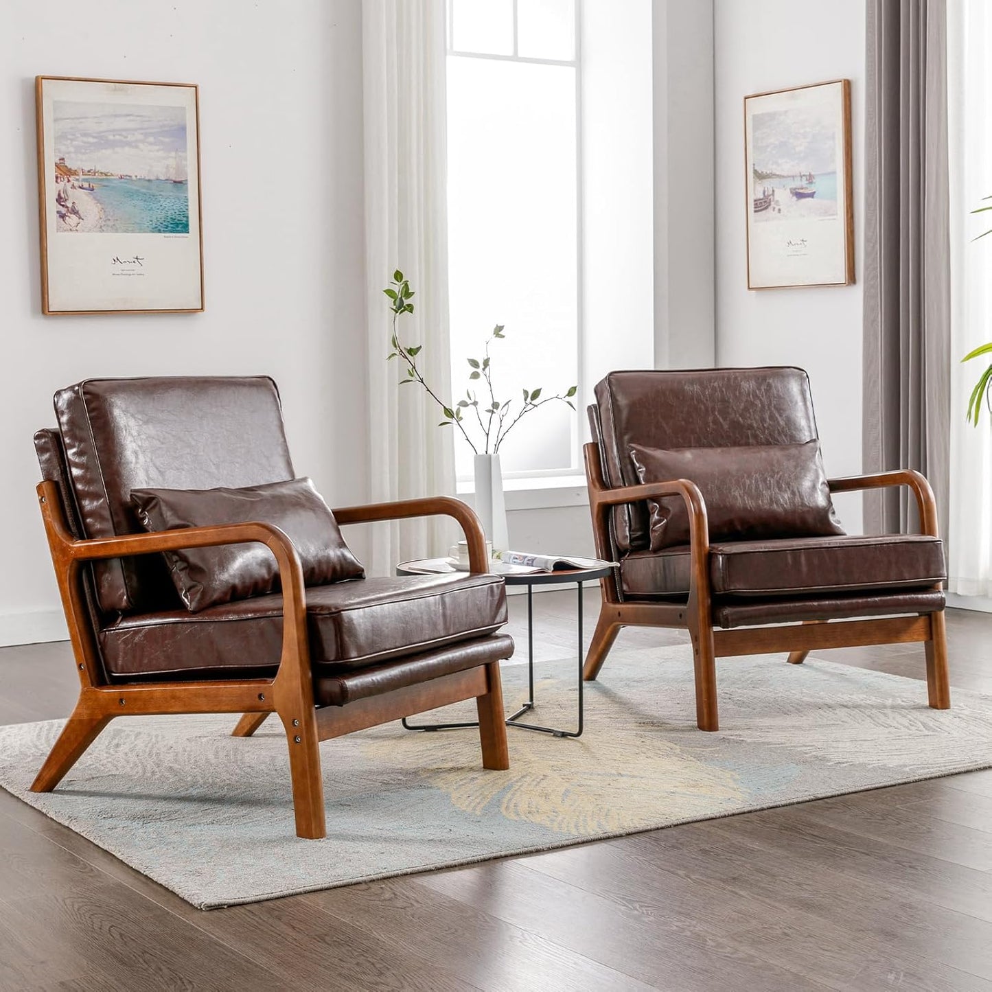 Accent Chair Set of 2- Mid-Century Modern Chairs Living Room Furniture Set Bedroom Reading, Solid Wood Arm Chair Lumber Pillow, Comfy Cushion Ergonomic Lounge Armchair Brown Leather Office Side Chair
