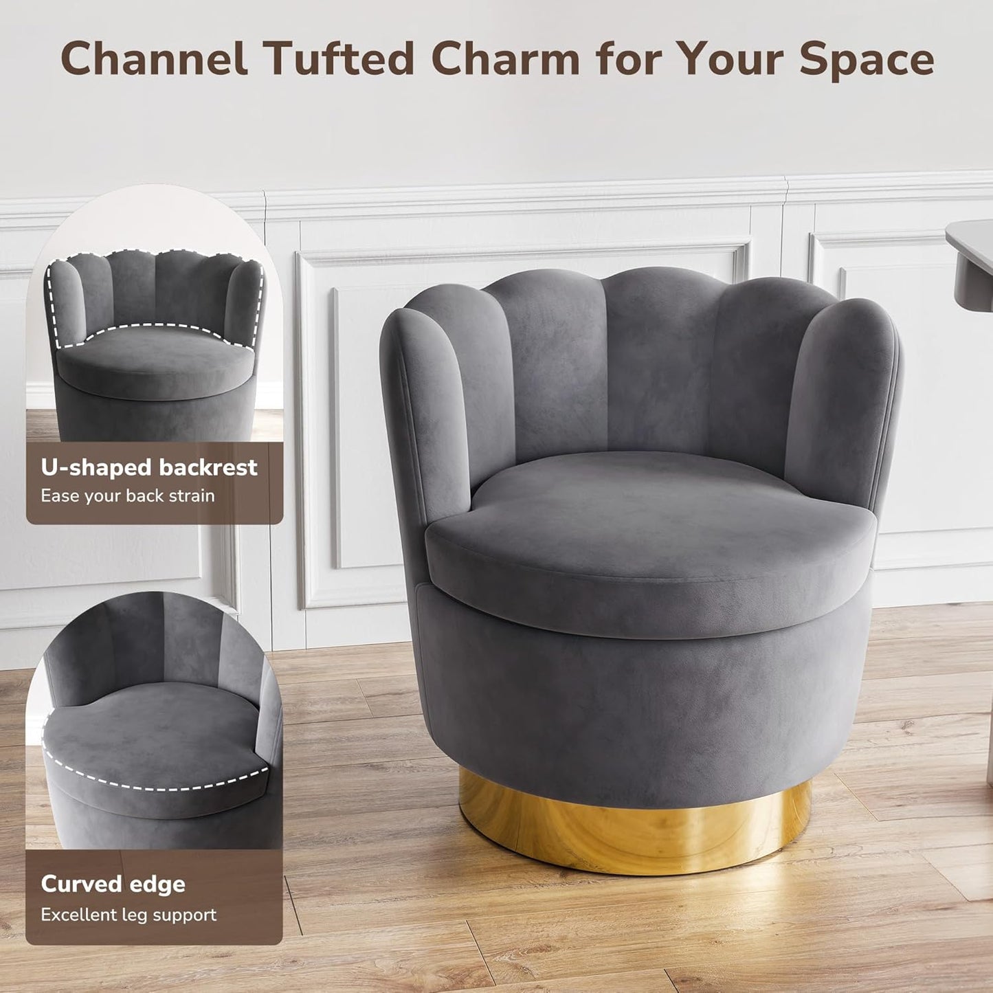 BELLEZE Swivel Accent Chair, Velvet Modern Round Petal Swivel Barrel Chair, 360° Upholstery Swivel Sofa Armchair, Comfy Swivel Accent Chair for Living Room Bedroom - Lotus (Dark Grey)