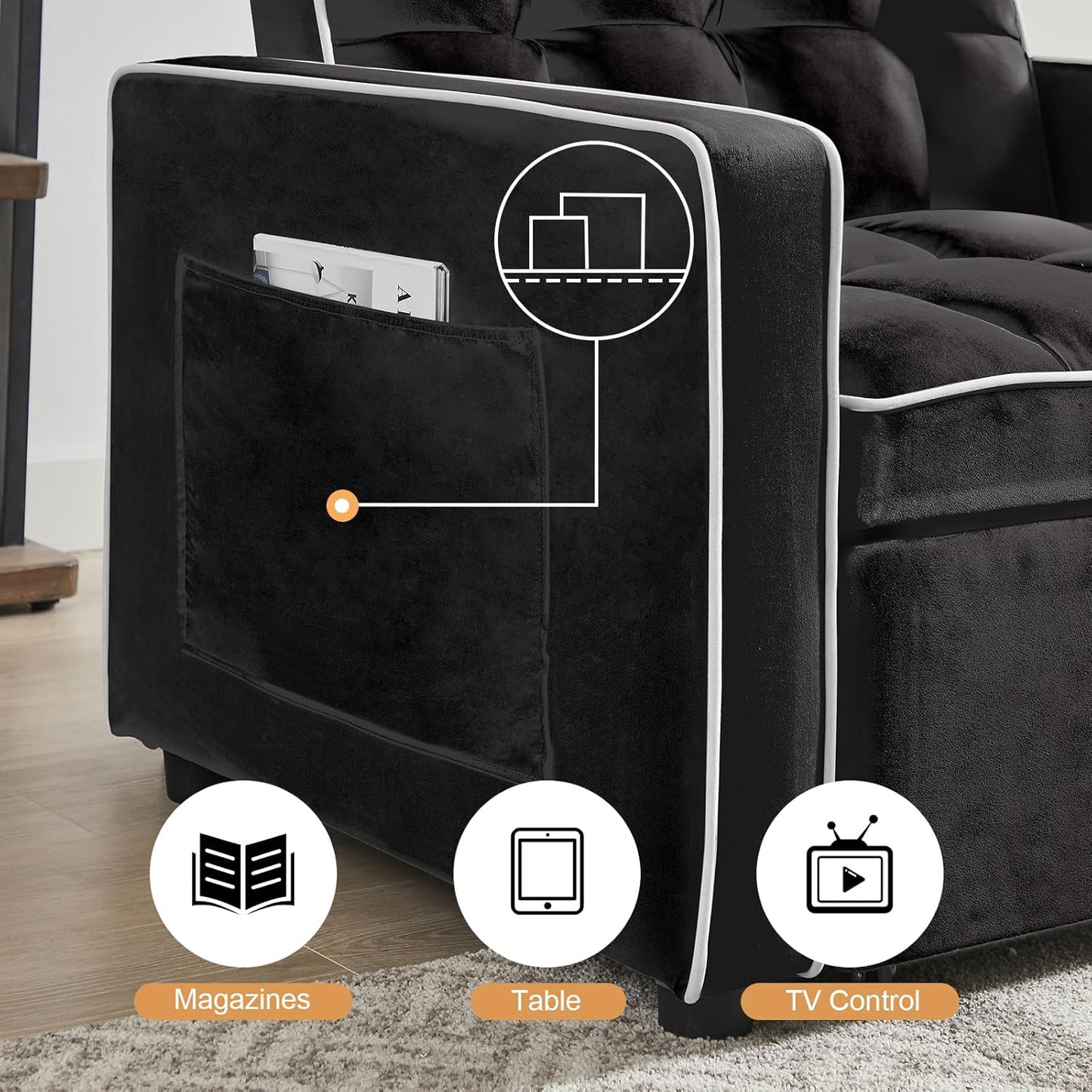 3 in 1 Single Convertible Sleeper Sofa Chair, 35.4" Pull Out Sofa Bed with Adjustable Backrest, Modern Chaise Lounge with Storage, Sleeper Chair Bed with Pillow for Living Room (1, Black)