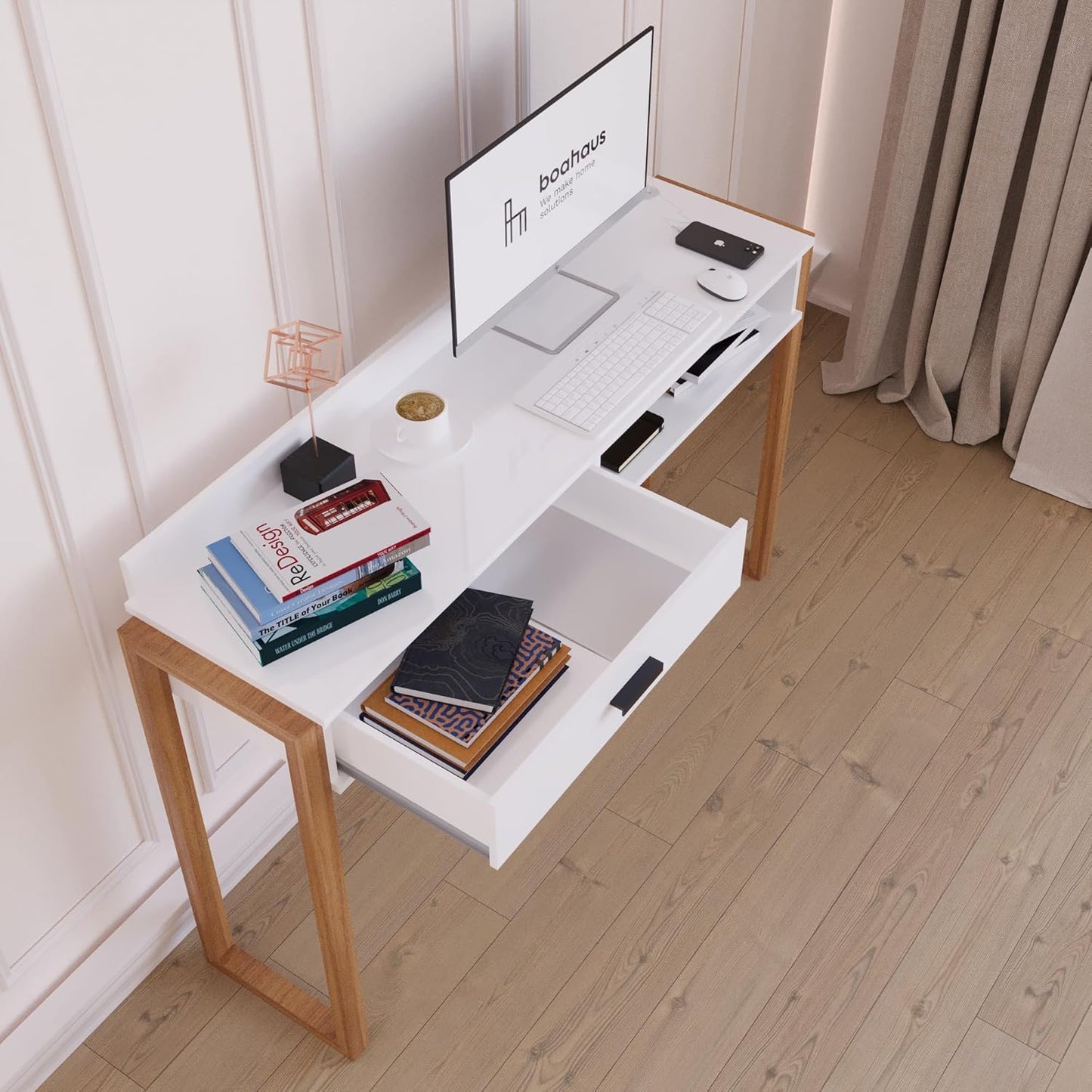 Boahaus Modern Computer Desk with USB Port & Storage - White/Brown - Space-Saving Home Office Desk
