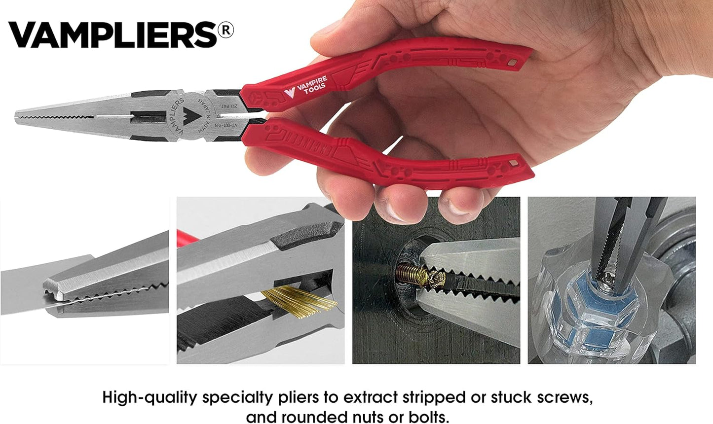 VAMPLIERS 4-PC Screw Extractor Pliers Set Made in Japan: 8" Linesman, 7.5" Long Nose, 6.25" Combination, 5" ESD Safe Mini Plier + Tool Pouch. Remove any Stripped/Damaged/Rusted Screws.