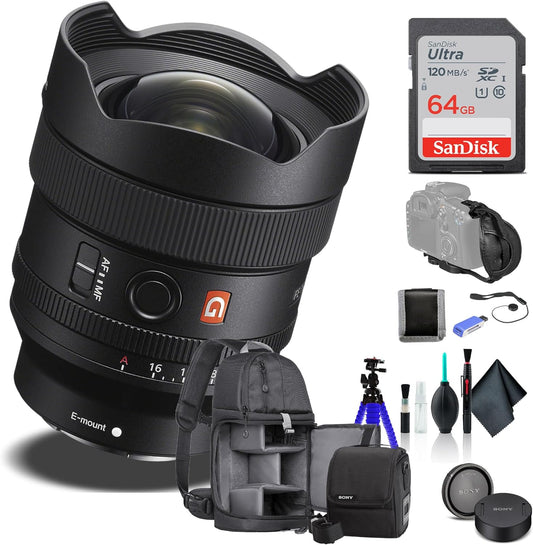 Sony FE 14 mm F1.8 GM Ultra-Wide Prime Lens (SEL14F18GM) G Master Optics, Bright F1.8 Aperture | Backpack, 64GB Card, Card Reader, Flex Tripod, Cap Keeper, Cleaning Kit, Hand Strap, and More