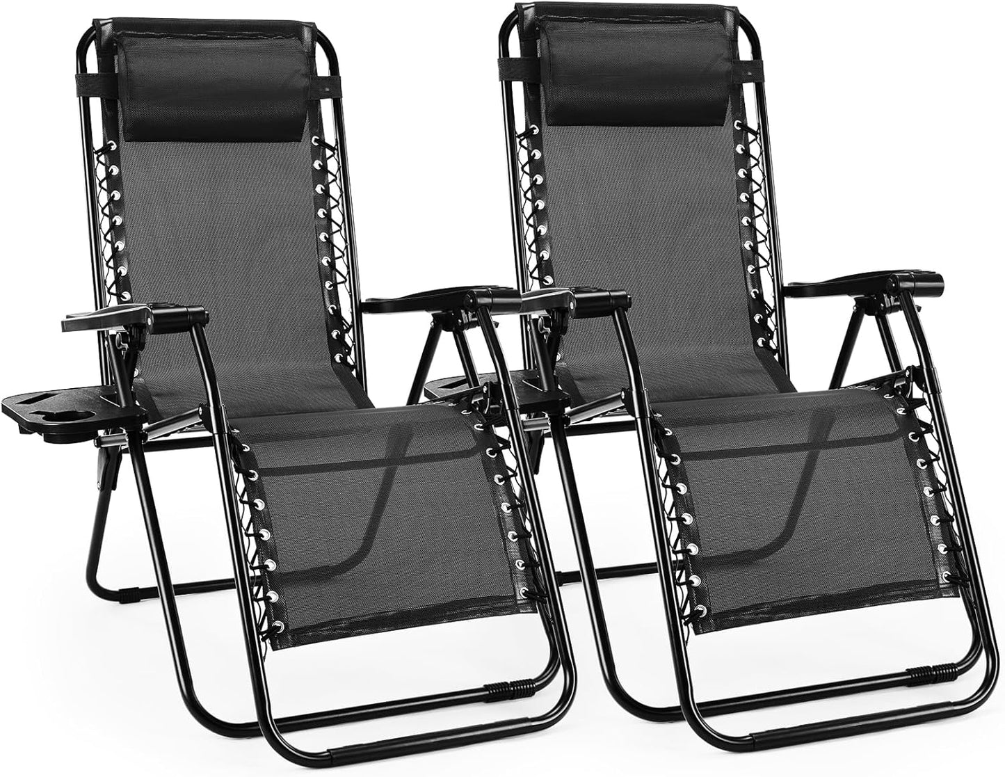 Sweetcrispy Zero Gravity Chairs, Set of 2 Portable Recliner Beach Camping Patio Outdoor Folding Lounge Chair with Cup Holder Trays and Adjustable Pillow for Poolside, Garden, Backyard, Lawn (Blue)