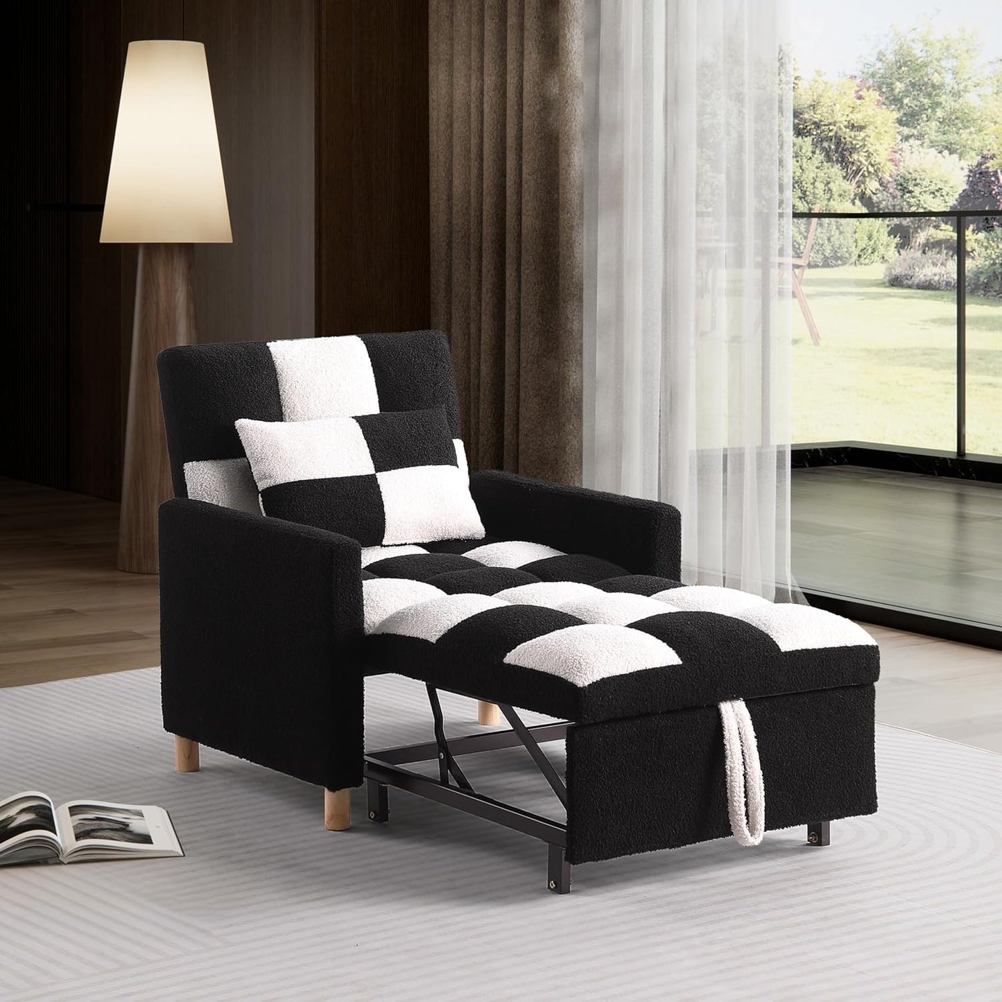 Sleeper Chair Bed Multi-functional Convertible Chair Sleeper Teddy Fabric Adjustable Single Pull Out Sofa Bed with Lumbar for Studio,Dorm, Apartment, Bedroom,Office,Living Room (Beige&Yellow)