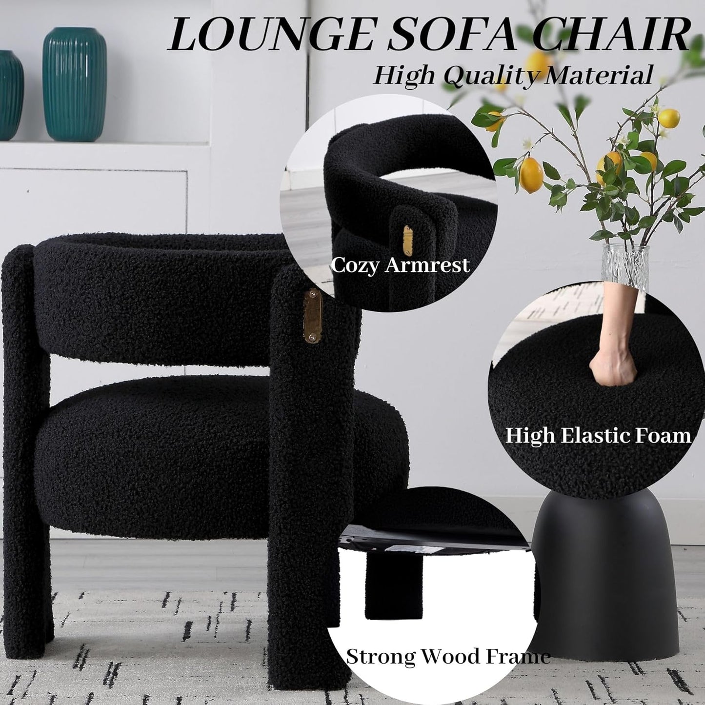 Wahson Modern Barrel Accent Chairs Set of 2 | Boucle Upholstered Armchair, Single Sofa, Side, Reading, Living Room Chair | Three Legs, Black Sherpa