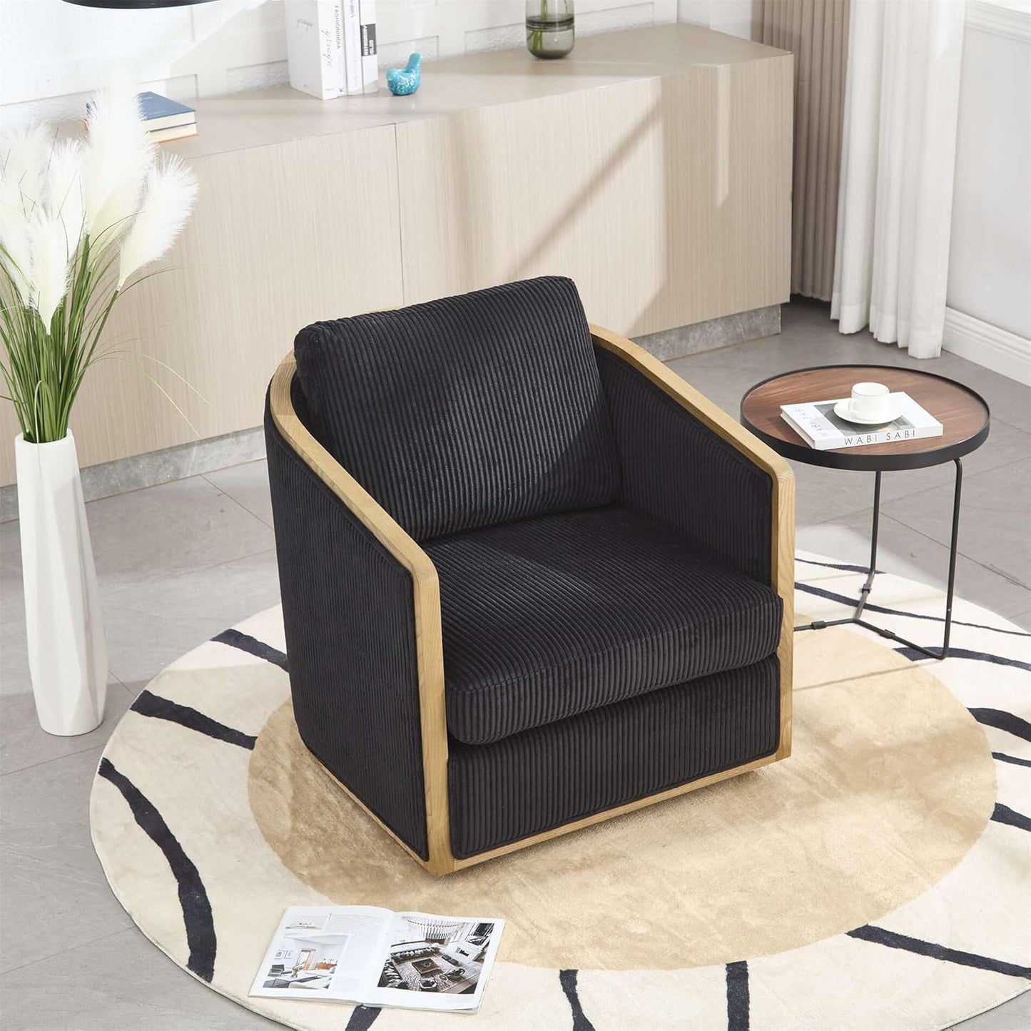 SZLIZCCC 360 Degree Swivel Barrel Chair, Round Accent Chair, Living Room Swivel Accent Sofa Chair, Club Lounge Armchair for Living Room Bedroom Office (Beige Corduroy)