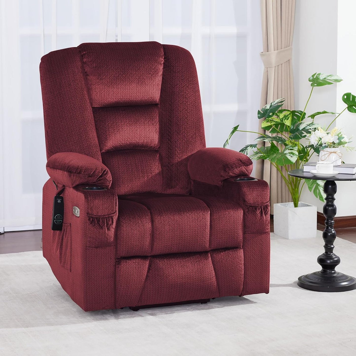 MCombo Large Power Lift Recliner Chair Sofa with Massage and Heat for Big and Tall Elderly People, 3 Positions, Cup Holders, and USB Ports, Fabric 7549 (Large, Burgundy)