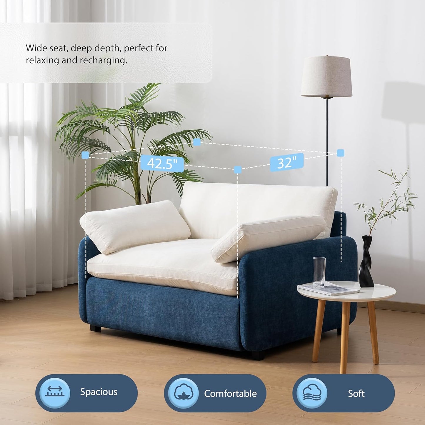 50*43" Oversized Chenille Single Sofa Chair, Wide and Deep Seat Accent Chair, Modern Upholstered Comfy Armchair, Color Blocking Couch Lounge with Pillows for Living Room,Apartment,Bedroom, Blue+Cream
