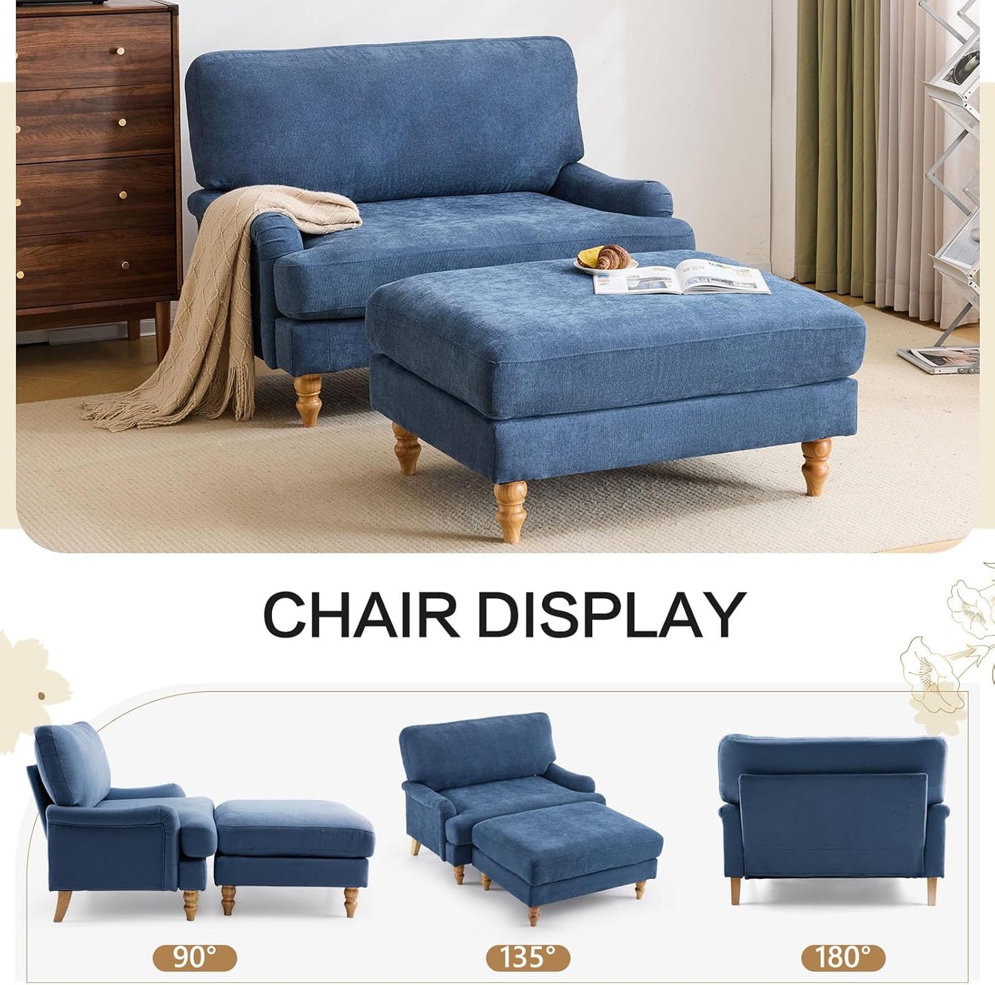 Bezseller Oversized Chair Indoor with Ottoman, 46" W Upholstered Armrest Sofa, Big Comfy Lounge Sofa Deep Seat Sleeper Chair for Living Room, Apartment, Bedroom, Reading Room(Blue)