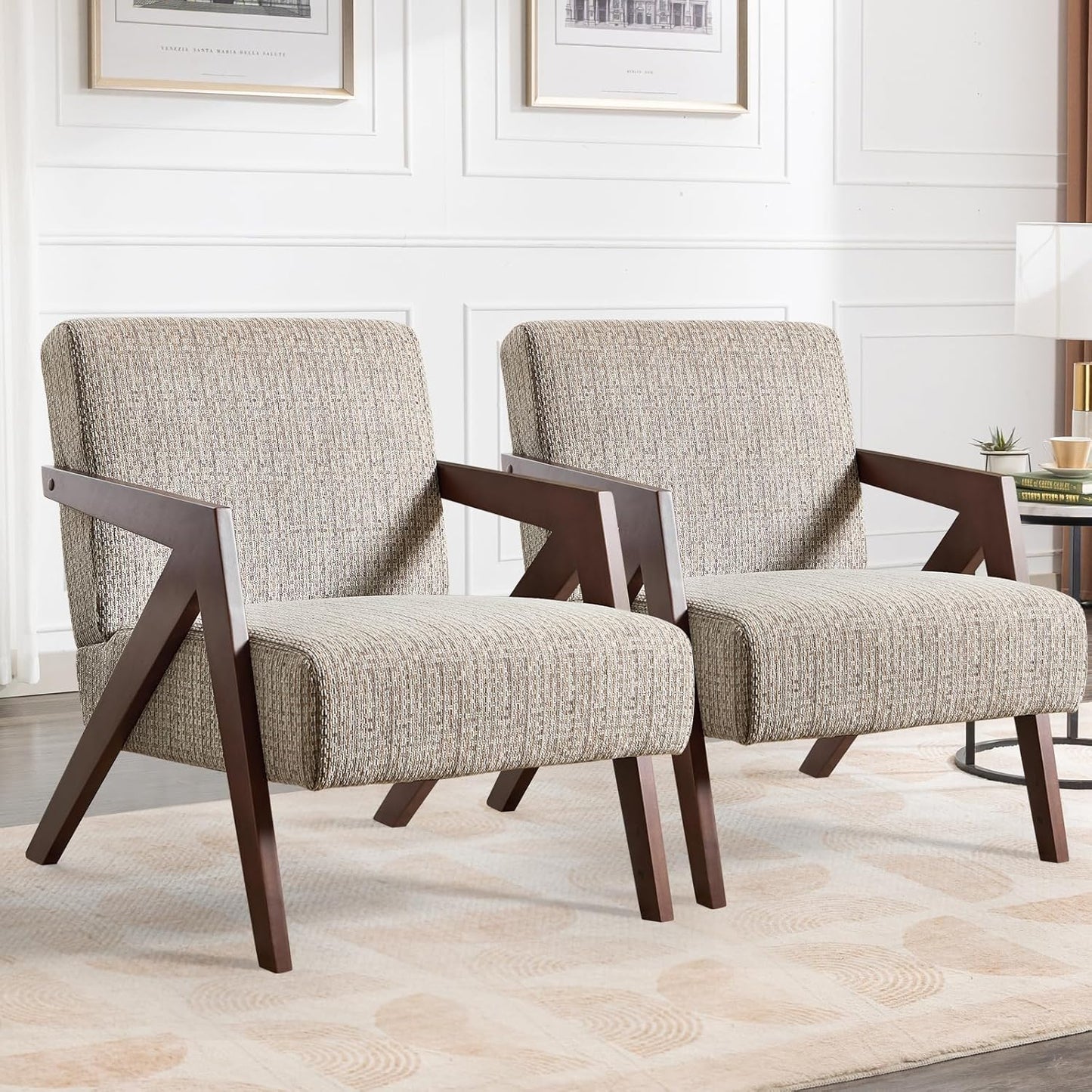 Bonzy Home Mid-Century Modern Accent Chair Set of 2 with Solid Wood Frame, Upholstered Armchair for Bedroom & Living Room,Reading Side Chair with Soft Lien Fabric Cushion,Easy Assembly,Beige