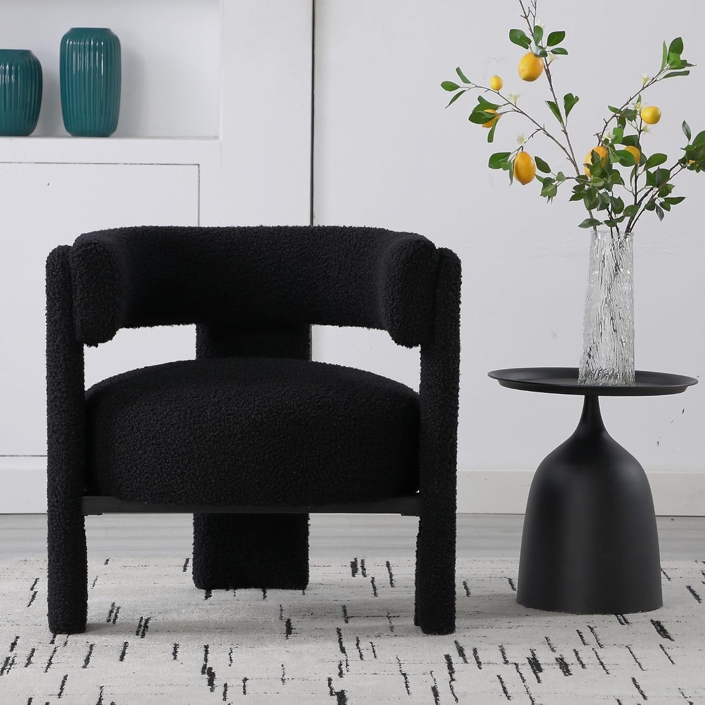 Wahson Modern Barrel Accent Chairs Set of 2 | Boucle Upholstered Armchair, Single Sofa, Side, Reading, Living Room Chair | Three Legs, Black Sherpa