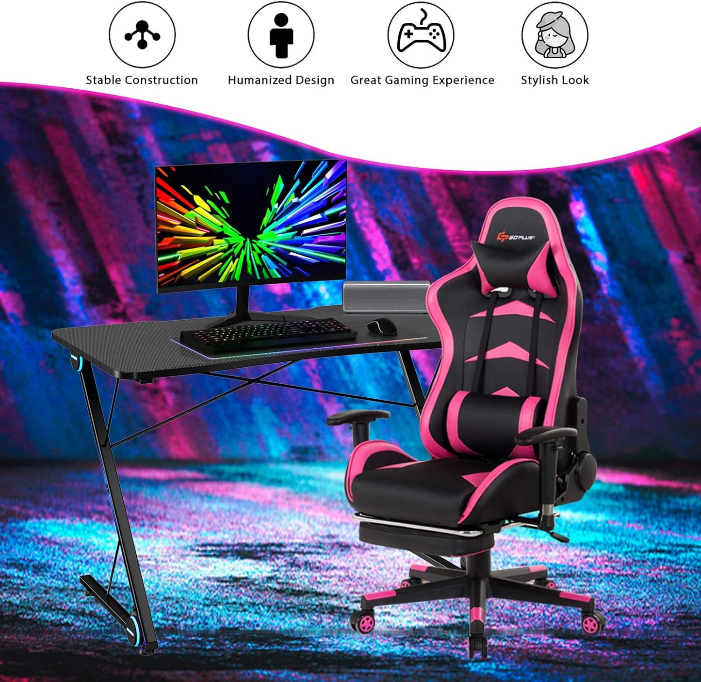 Tangkula Gaming Computer Desk, Z-Shaped Home Office Computer Table with LED Lights & Large Carbon Fiber Surface, Ergonomic Gamer Workstation, Writing Desk for Home Office