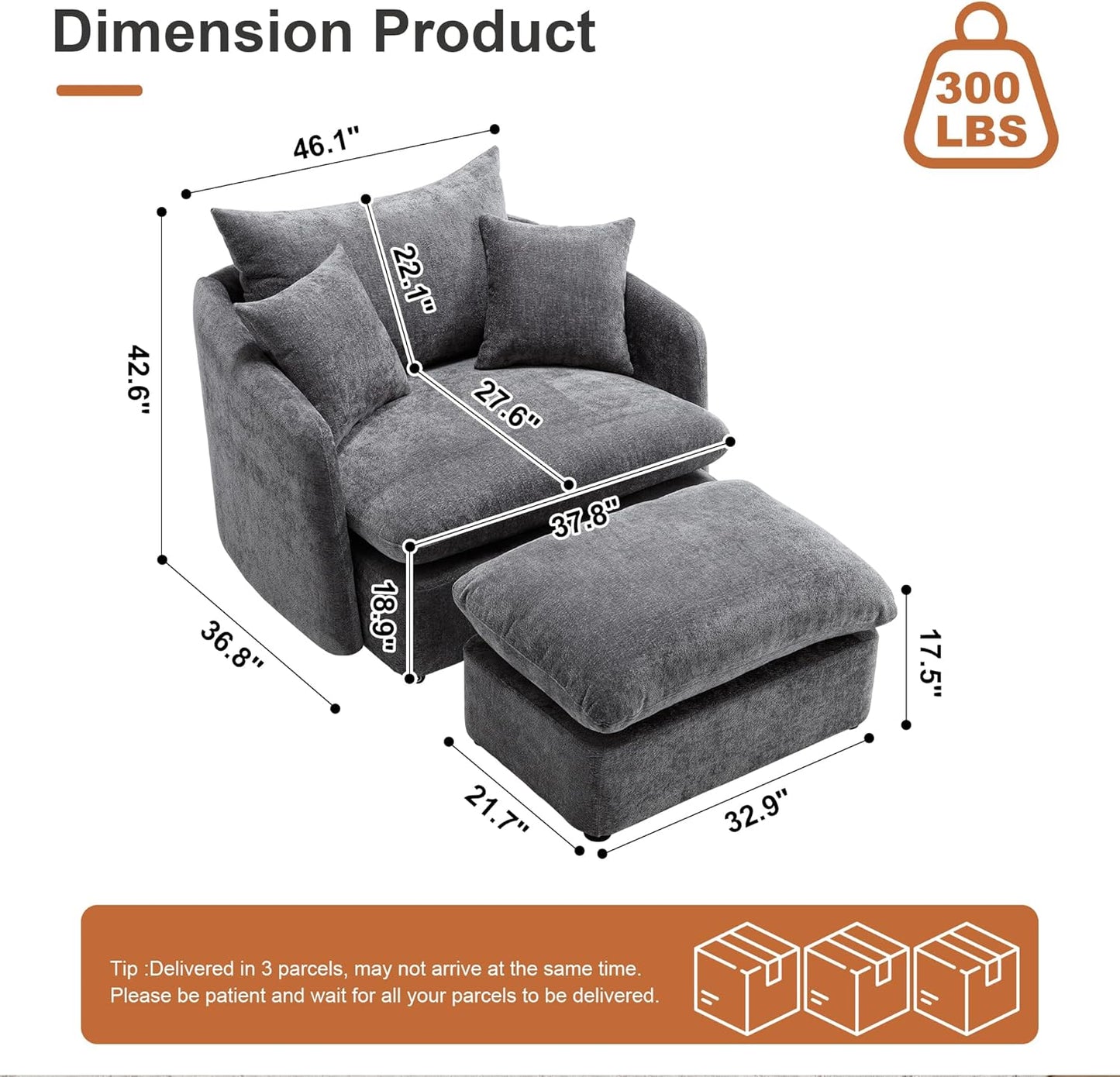 46" Oversized Swivel Accent Chair with Ottoman Set, Upholstered 360° Swivel Barrel Chair and A Half with Ottoman, Extra Wide Seat Lounge for Living Room, Reading, Bedrooms