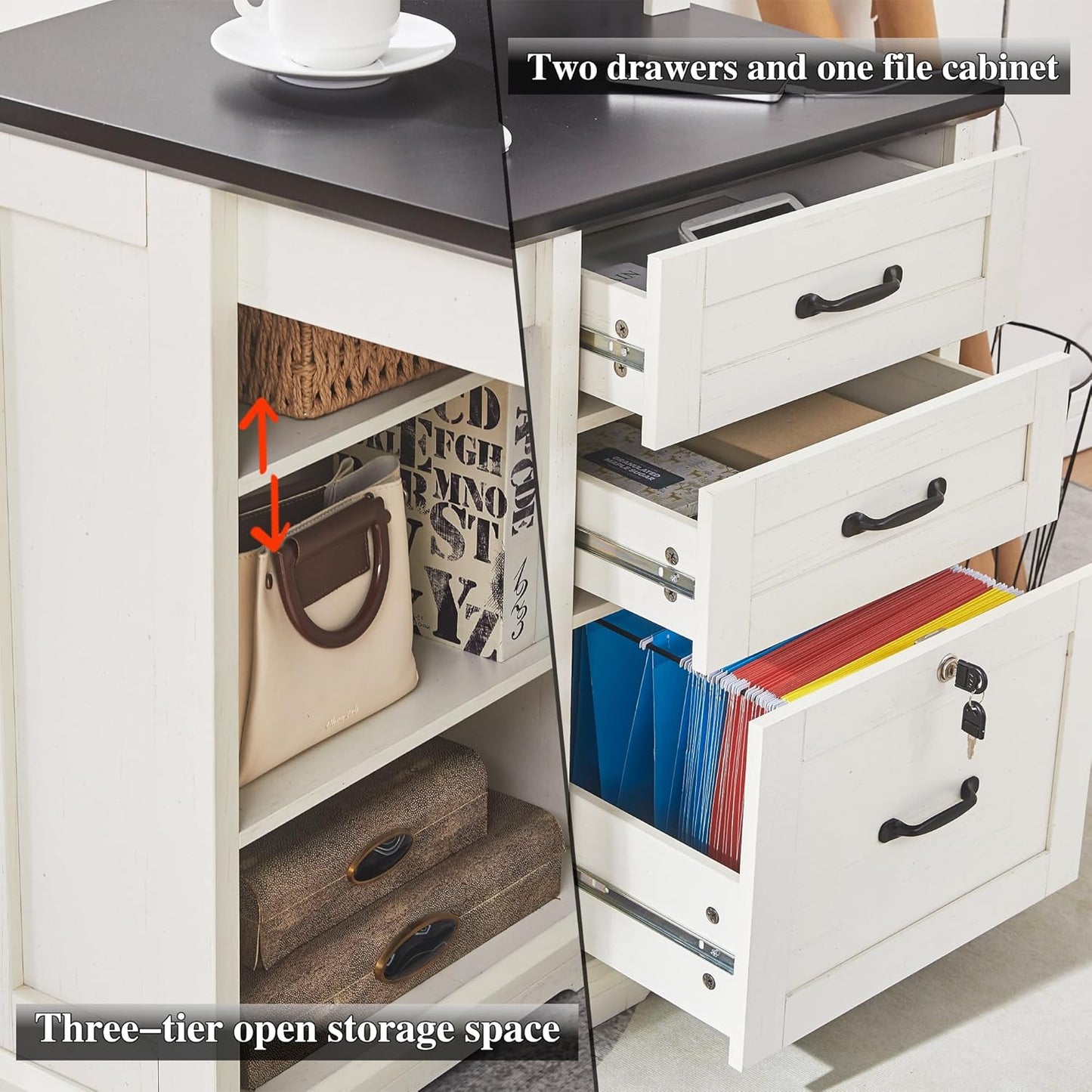55" Farmhouse Executive Desk with Charging Station,Home Office Desk with 2 Drawers,Lockable File Cabinet and Side Bookshelf,Farmhouse Computer Desk with Monitor Stand