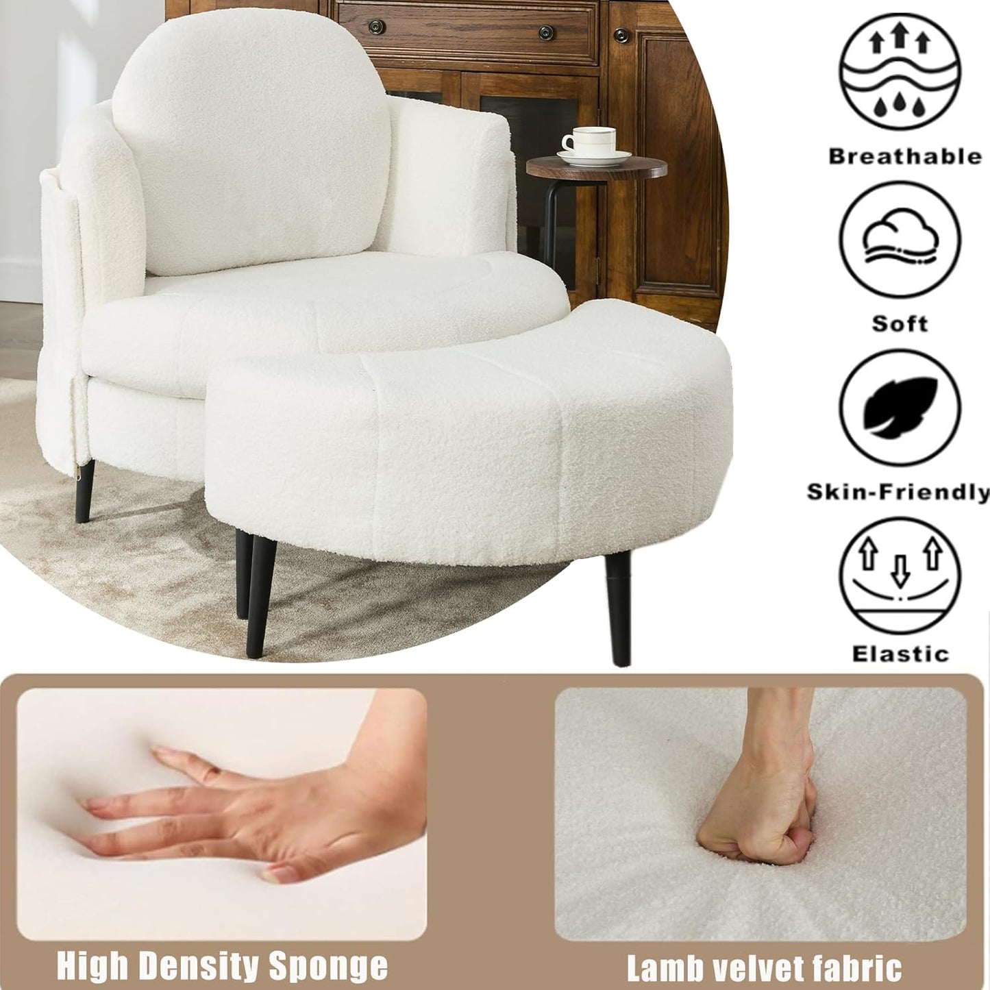 42.5" Lamb Velvet Sleeper Chair with Ottoman & Armrests, Upholstered Chaise Lounge Recliner with Side Table & Footstool, Removable Headrest, Single Reading Sofa Chair for Bedroom (White)