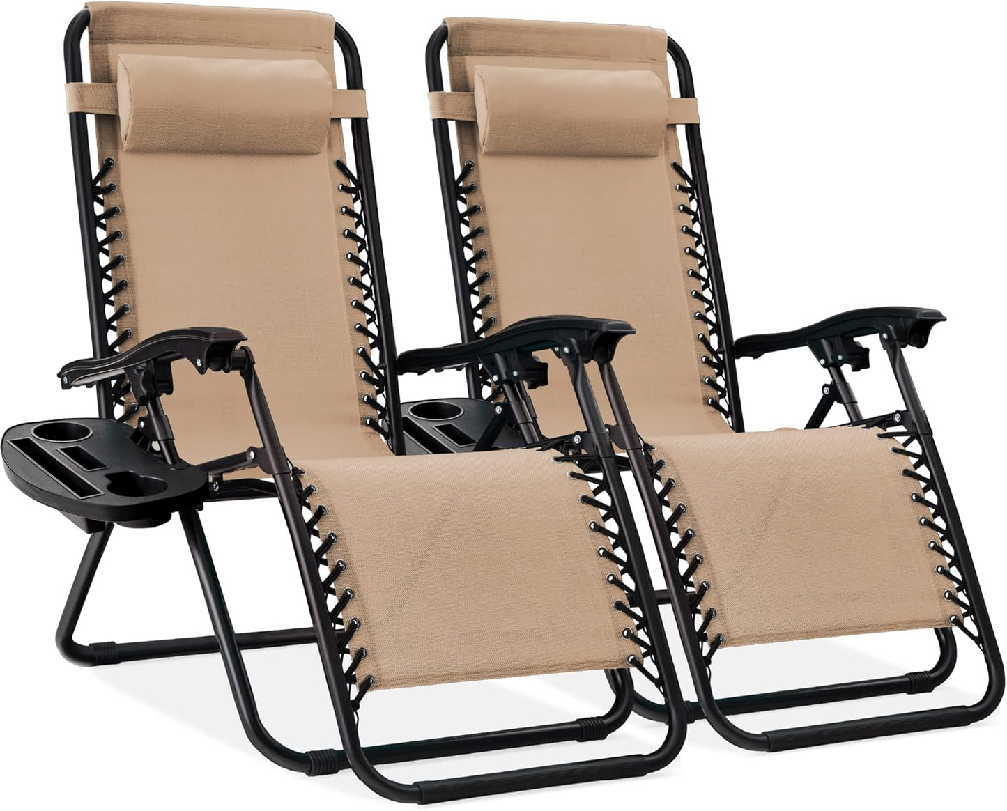 Best Choice Products Set of 2 Adjustable Steel Mesh Zero Gravity Lounge Chair Recliners w/Pillows and Cup Holder Trays - Gray