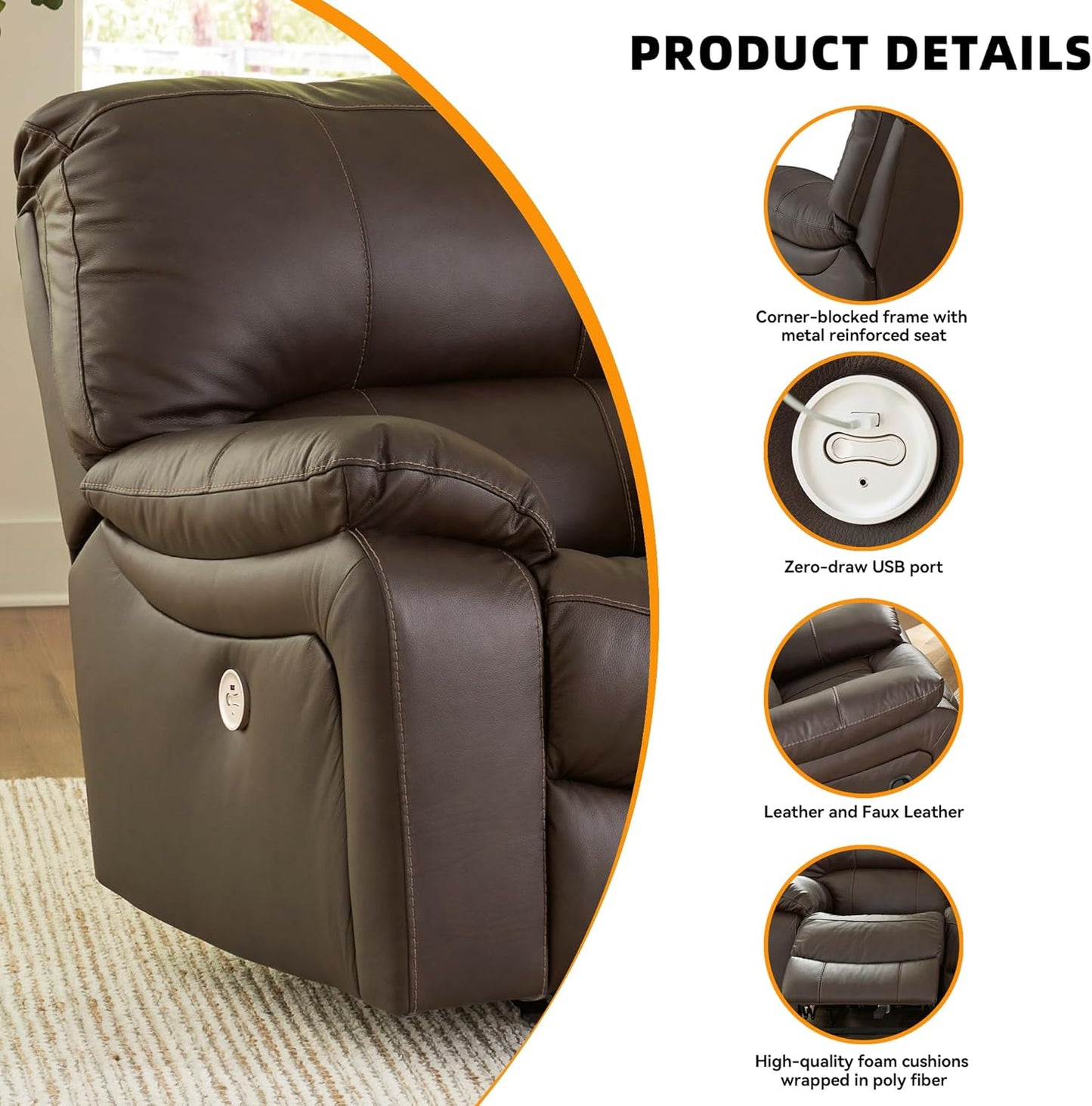 Signature Design by Ashley Leesworth Contemporary Leather Match Power Rocker Recliner with USB Ports, Dark Brown