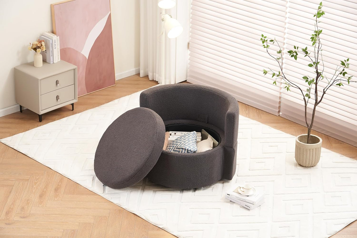 Swivel Accent Chair 360° Barrel Armchair with Storage, Modern Living Room Chair Upholstered Round Club Chair with Back Cushion, Teddy Fabric Comfy Chair for Bedroom Reading Room, Dark Grey