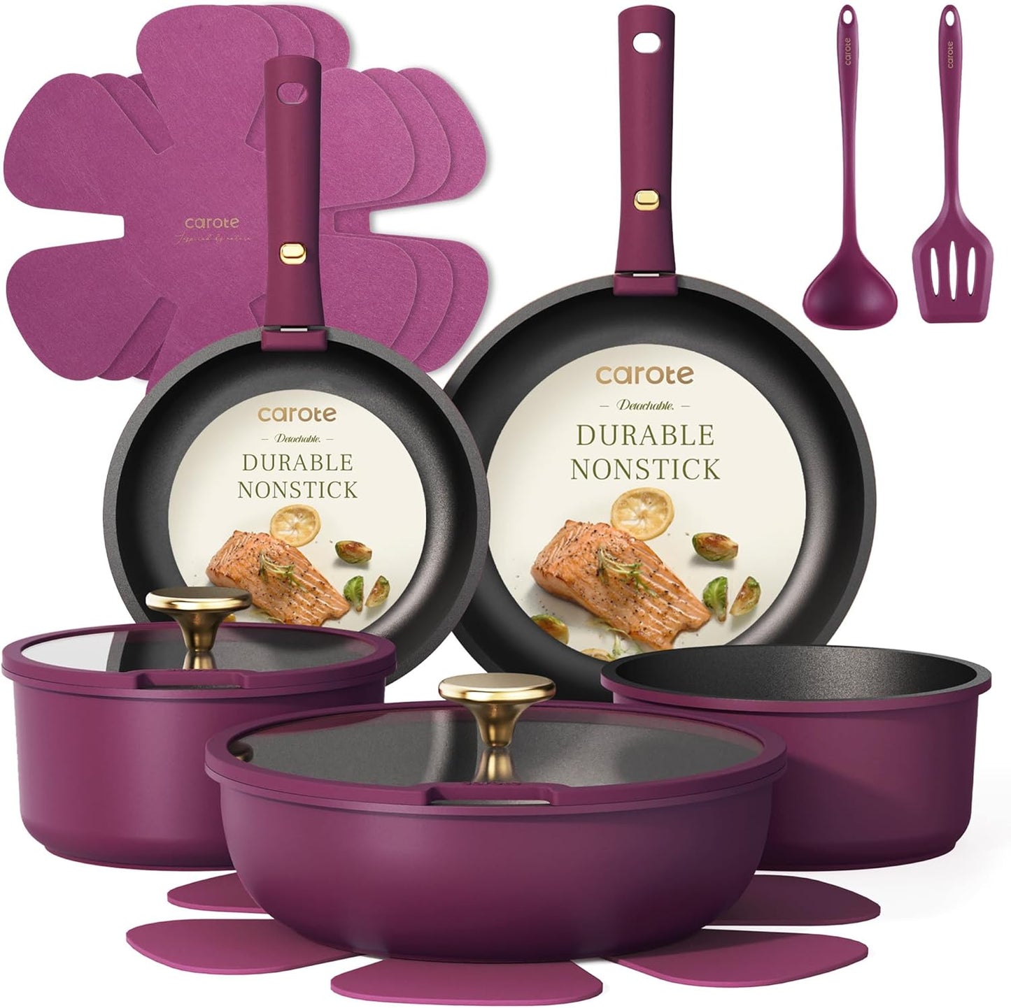 CAROTE 21pcs Pots and Pans Set, Nonstick Cookware Set Detachable Handle, Induction Kitchen Cookware Sets Non Stick with Removable Handle, RV Cookware Set, Gold and Purple