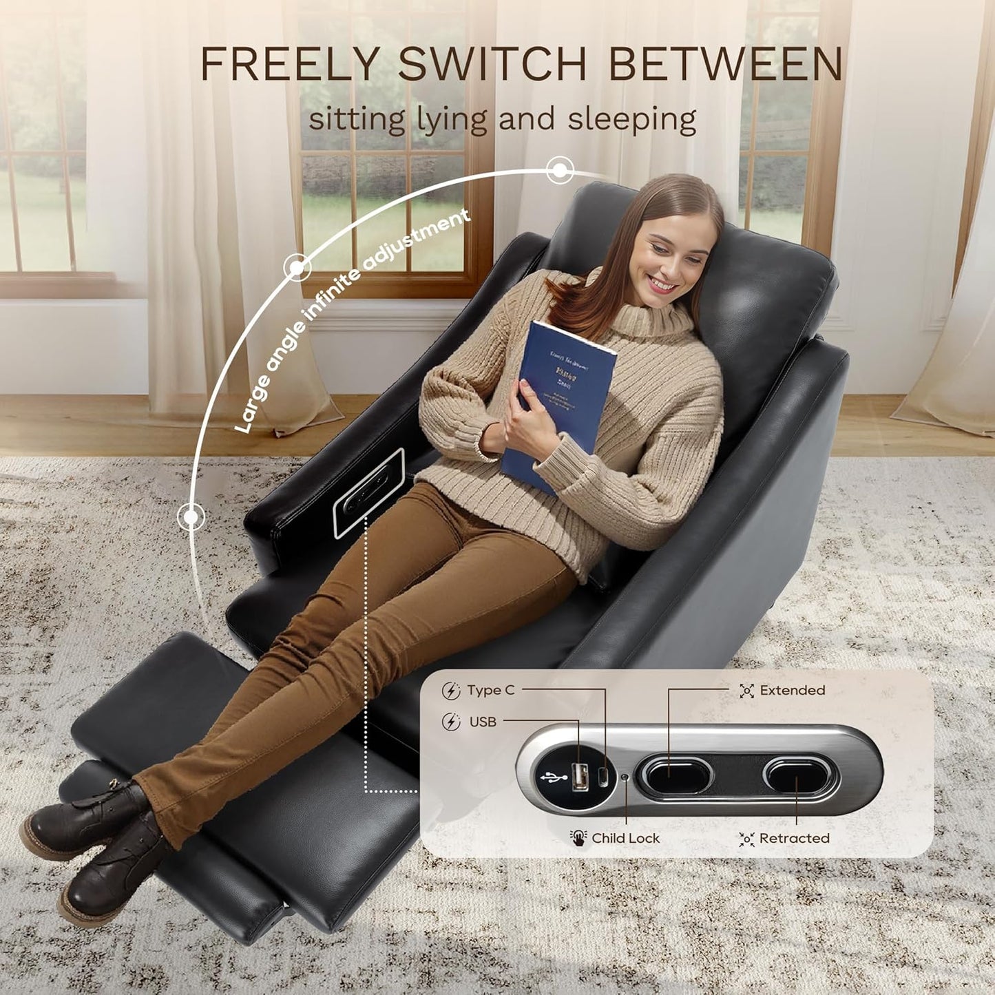 COLAMY Pushback Electric Recliner Chair, Premium Leather Upholstery with Adjustable Angles, Extra Lumbar Pillow, Built-in Charging Port, Electric Recliner Sofa Chair for Living Room,Black