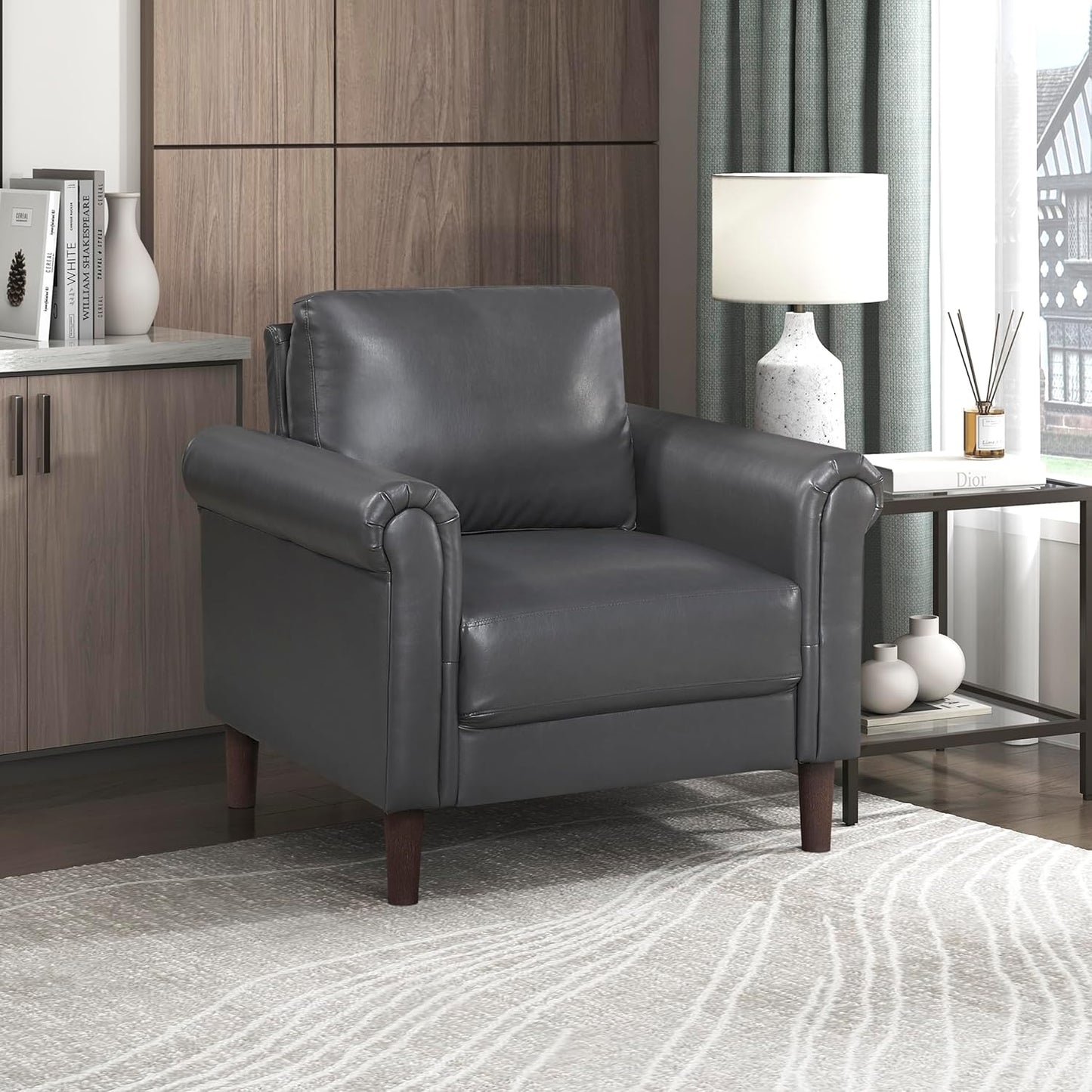 Lexicon 35" W Living Room Accent Chair, Faux Leather Upholstered Armchair with Rolled Arm for Bedroom/Office/Waiting Room, Single Sofa Chair, Chocolate