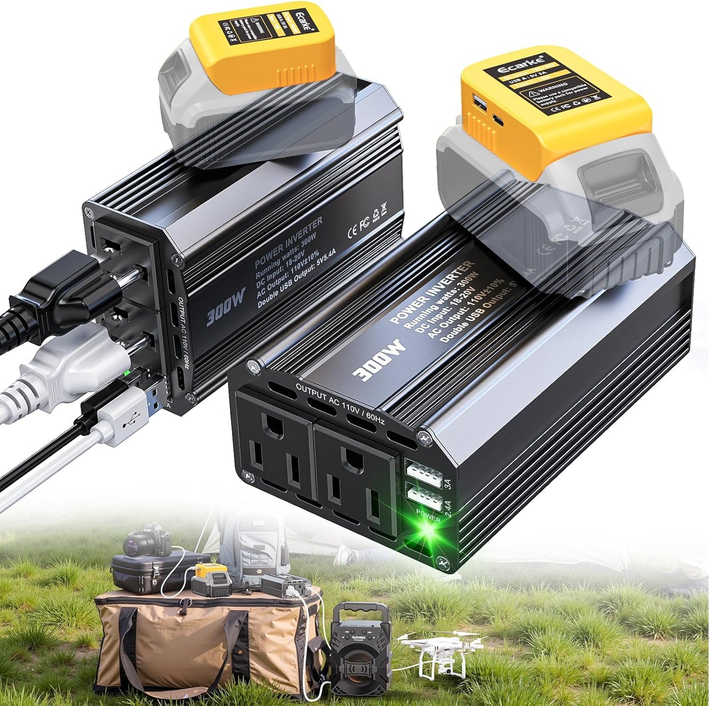 350W Power Inverter Compatible with DeWalt 20V Batteries: Ecarke Portable Power Outlet 2 AC Outlets 2 USB Phone Charger 2 Type-C, Generator DC 18V to AC 110V - Battery Adapter LED Light RGB Light
