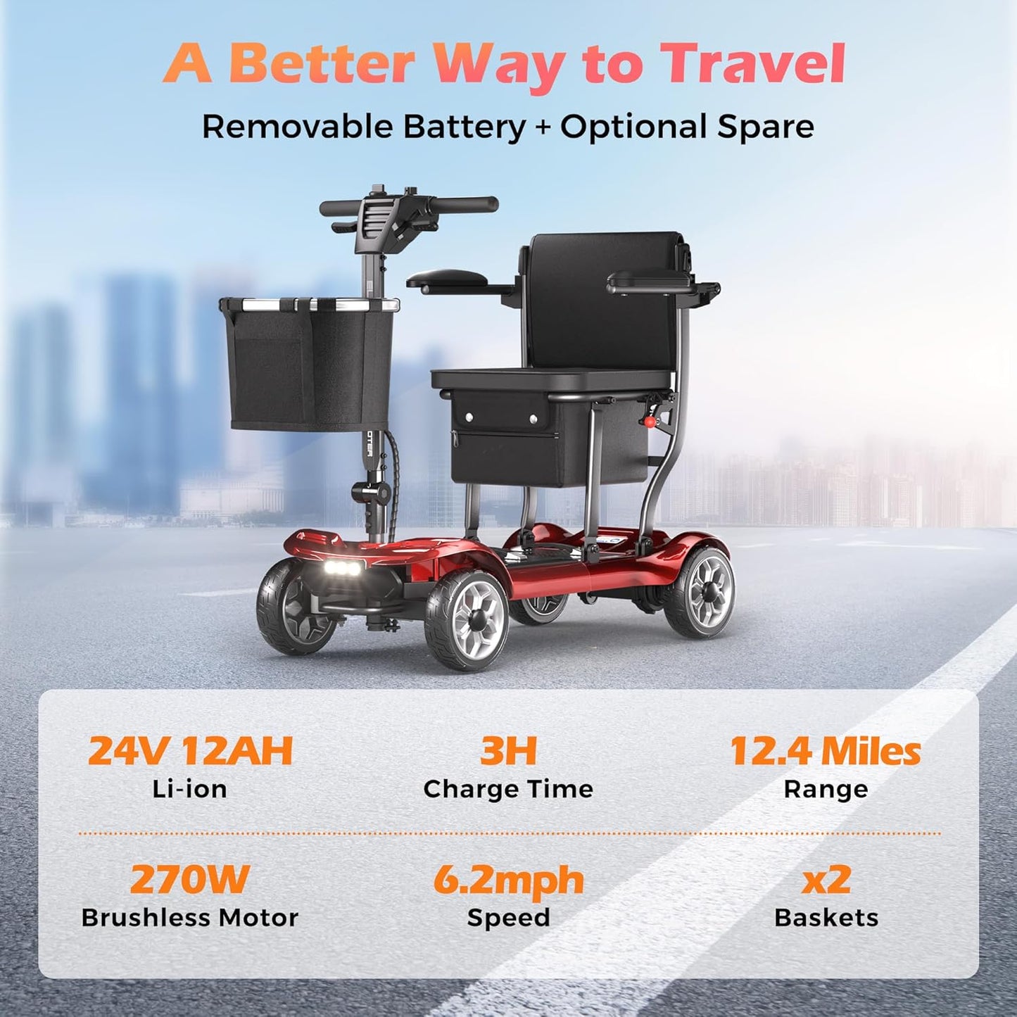 4 Wheel Mobility Scooter for Adults&Seniors - 43lb Lightweight Portable Motorized Scooters 300 lb Capacity, Foldable Travel Mobility Scooters with Removable Battery, Dual Basket, Red